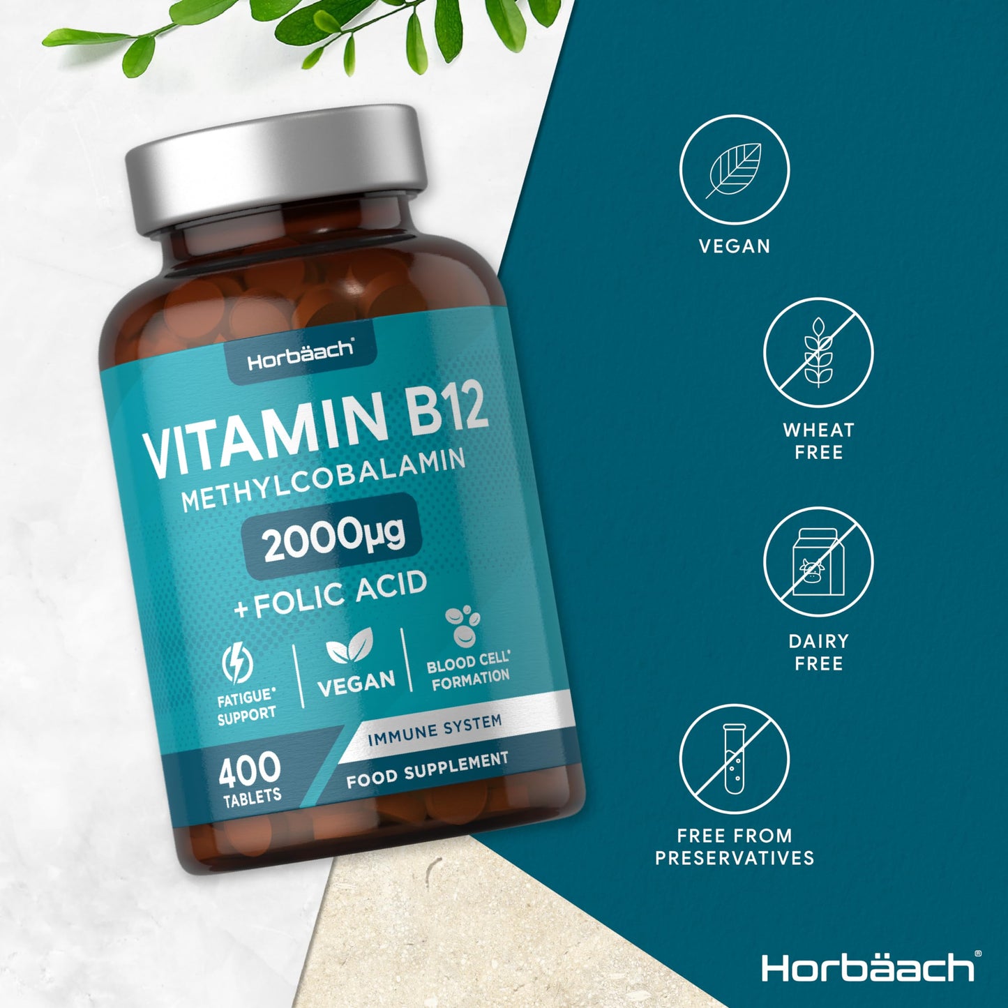 Vitamin B12 Tablets | 2000mcg | 400 Vegan Tablets | High Strength Supplement | Complex Formula with Folic Acid | by Horbaach