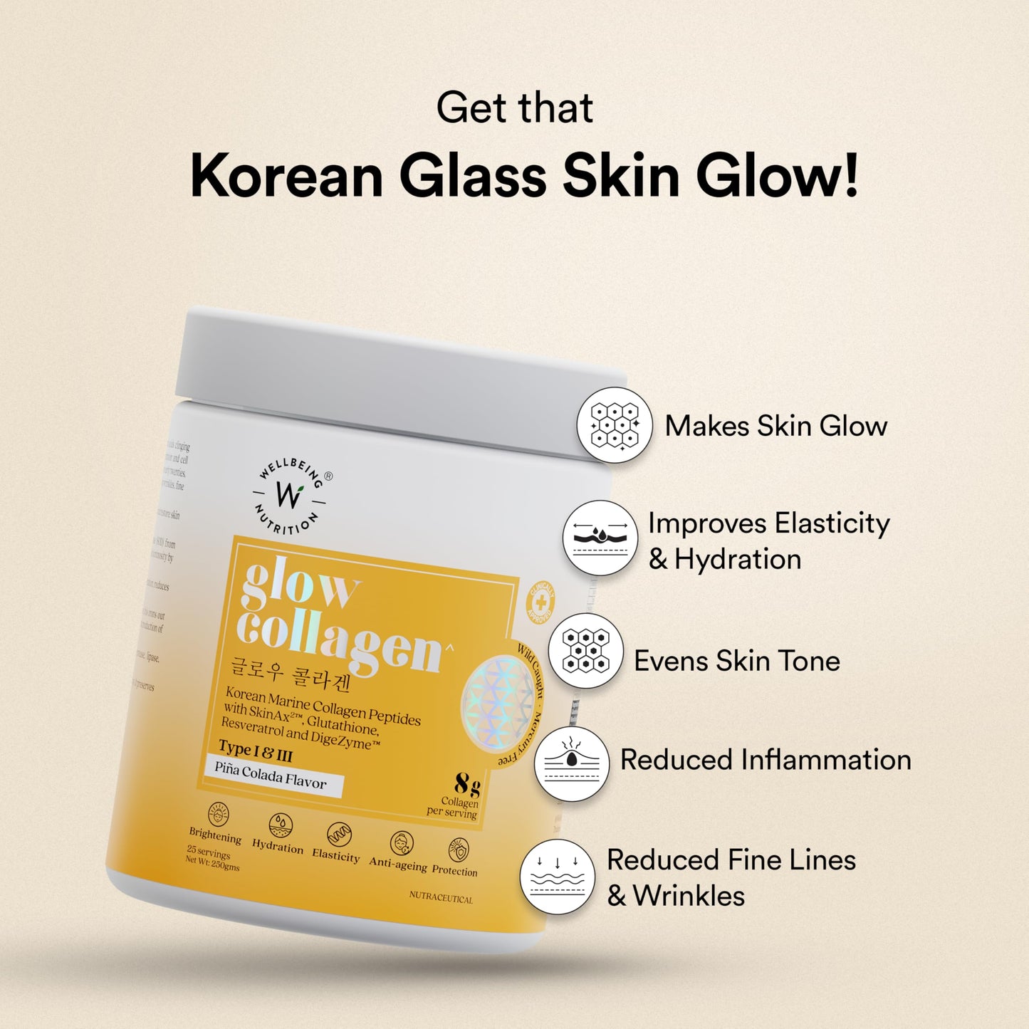 Wellbeing Nutrition Glow Collagen with Glutathione | Collagen Supplements for Women & Men | Marine Collagen Powder with SkinAx², Resveratrol, Bromelain & Goji Berry | 250g - Pina Colada Flavor