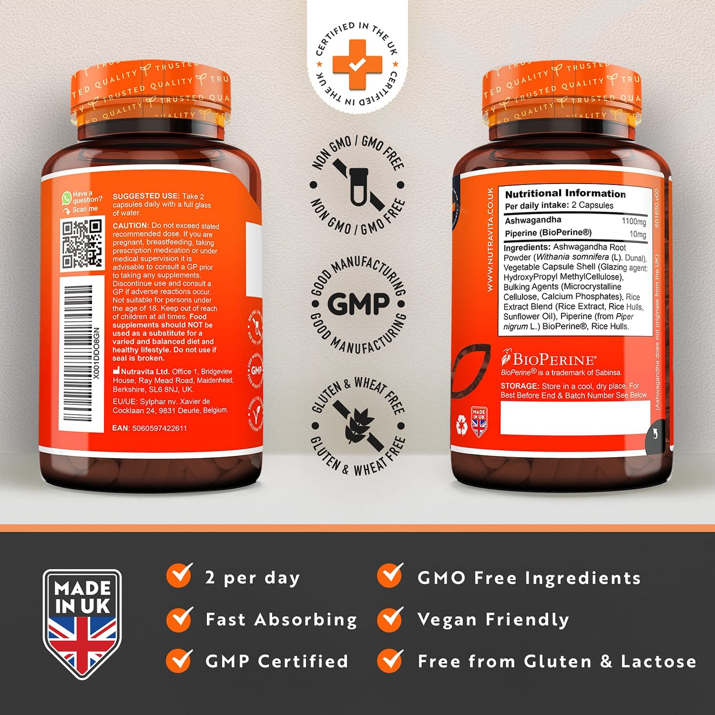 Ashwagandha 1100mg - 120 Vegan Capsules with Added Bioperine® - High Strength Natural Ashwagandha Root Powder - Vegan Friendly Ashwaganda Supplement - Made in The UK by Nutravita