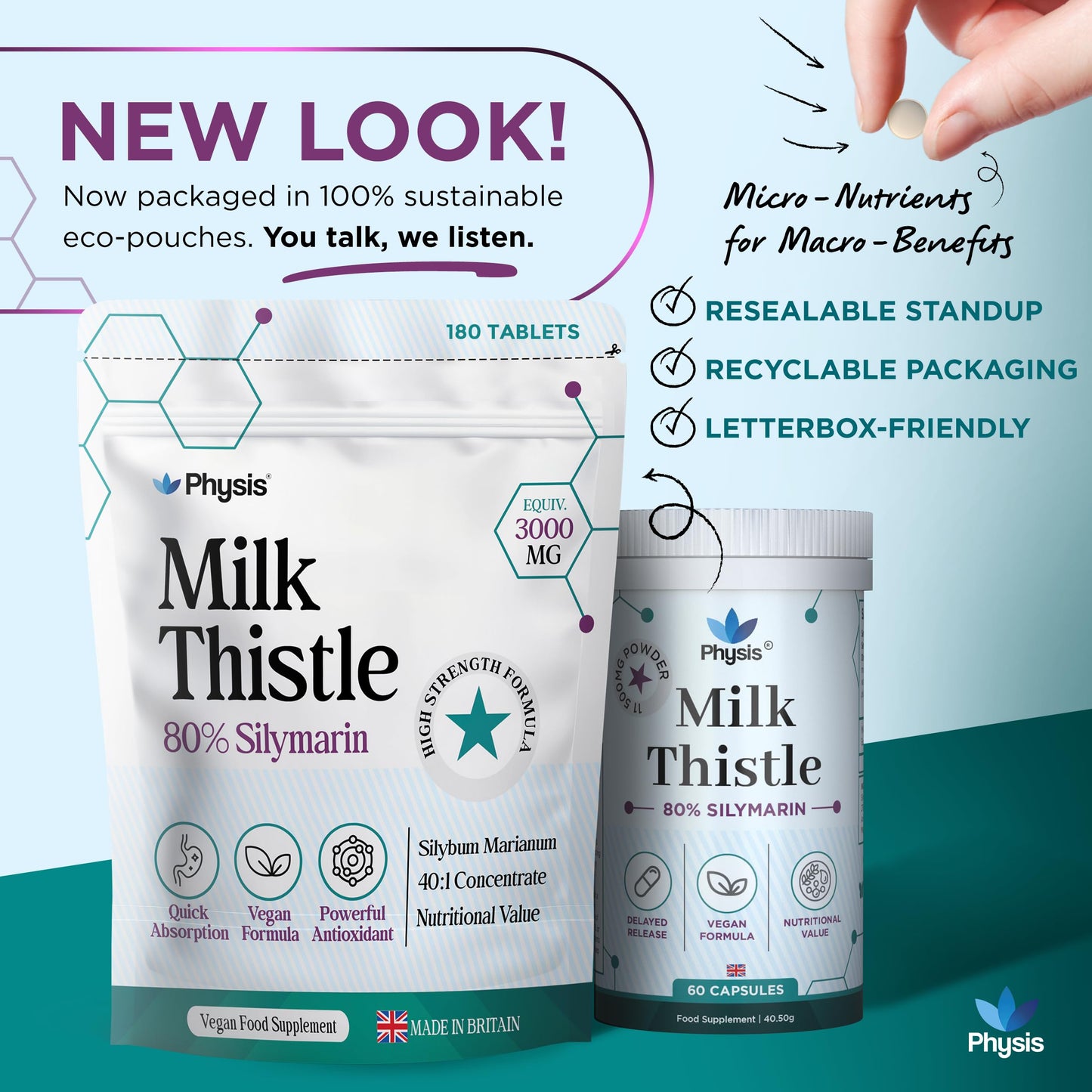 Physis Milk Thistle High Strength Food Supplement | 80% Silymarin | Milk Thistle Seeds | 180 x Tablets | Vegan Food Supplement | Made in Britain