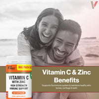 Vit Direct - Vitamin C with Zinc - High Strength - 90 Vegan Capsules - Supports Muscle Growth - Reduces Tiredness & Fatigue - VIT C & Zinc Daily Supplements - Long-Term Support