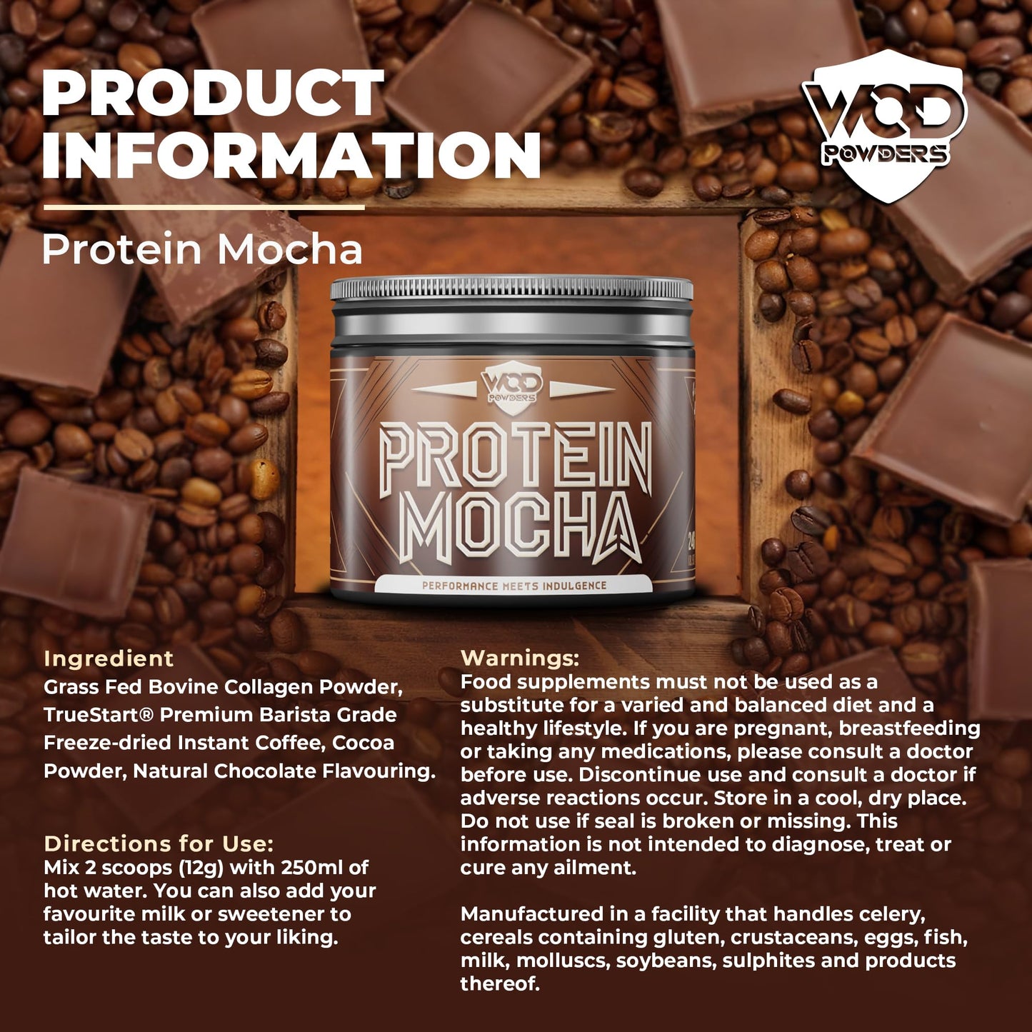 Protein Mocha | High Protein, Barista Grade Mocha, Grass-fed Bovine Collagen | 240g Tub with Scoop | Branded TrueStart with Hydrolysed Collagen | 6 Grams of Protein per Cup - Made by WOD Powders