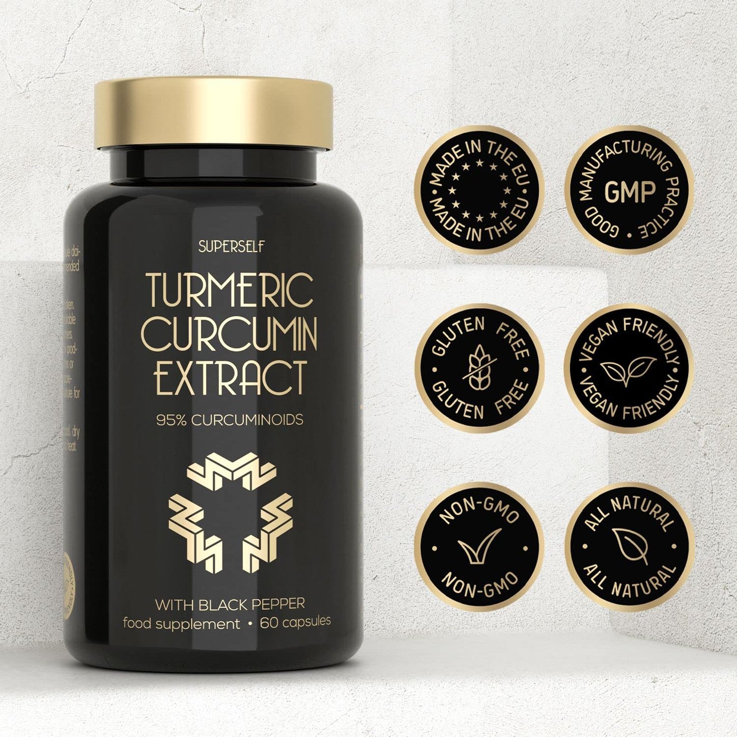 SuperSelf Turmeric Curcumin Capsules High Strength with Black Pepper - Pure Curcumin Extract with 95% Curcuminoids - 60 Tablets One a Day 500mg - Premium Turmeric Herbal Supplements - Enhanced Absorption