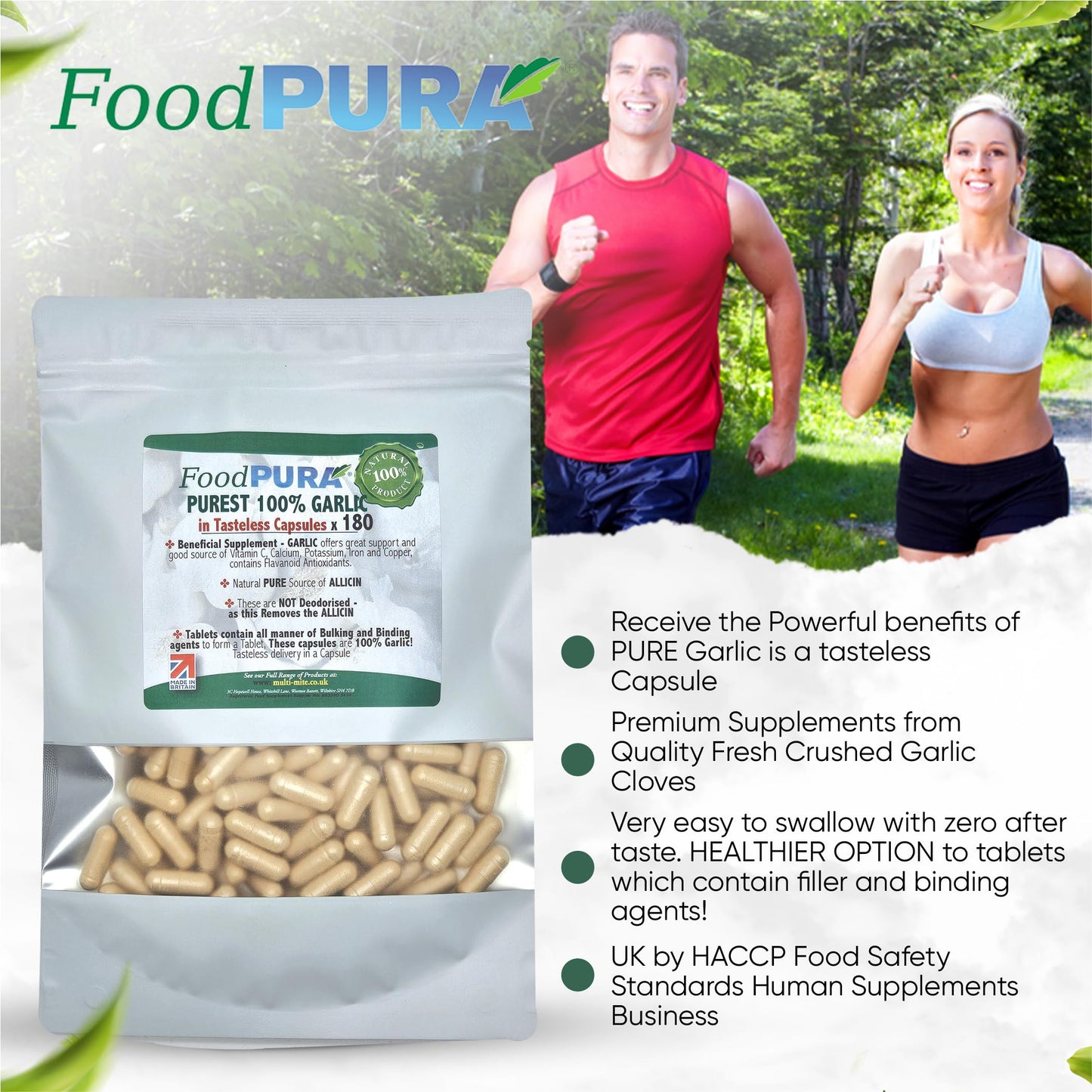 FoodPURA Pure Garlic Capsules Recommended Daily Strength 1000mg HACCP Certified, Manufactured in The UK by FoodPURA 1 Pack of 180 Capsules