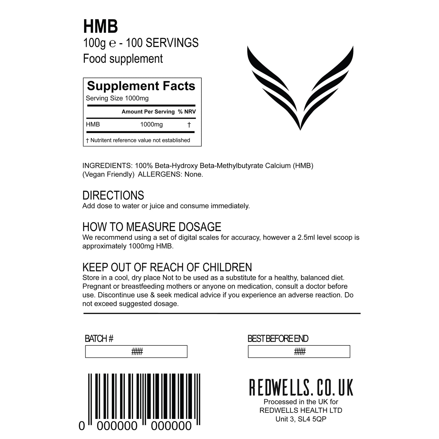 HMB Powder REDWELLS Amino Acid No Additives GMO Free Vegan - 100g Pack