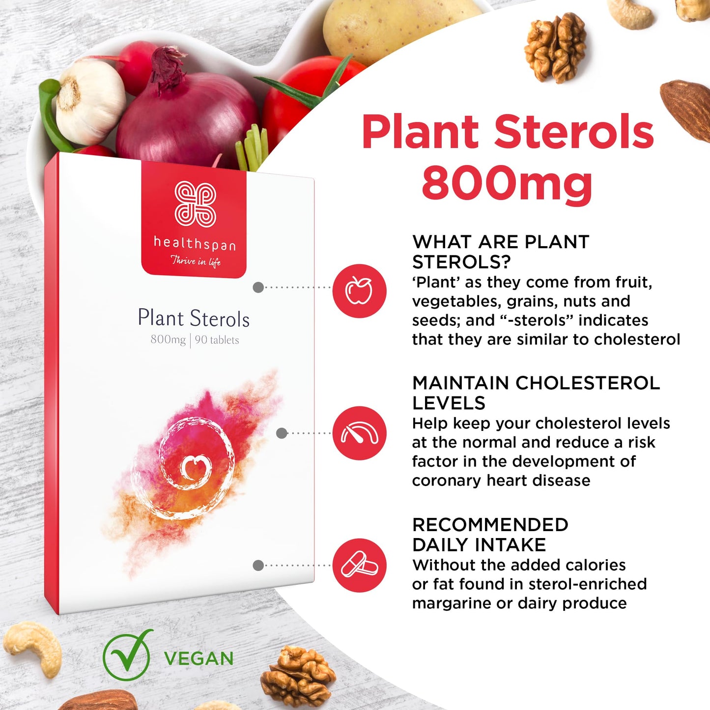 Healthspan Plant Sterols 800mg (90 Tablets) | Proven to Maintain & Lower Cholesterol Levels | Blocks Absorption of Dietary Cholesterol | Reduce The Risk of Coronary Heart Disease | Vegan