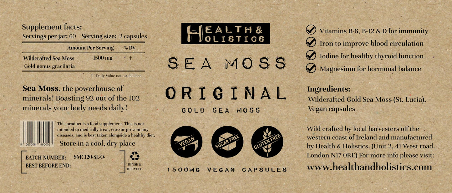 Sea Moss Capsules (St. Lucia - 60 caps) Organic | Wild Crafted | Non GMO | 92 Minerals - Containing Essential Vitamins and Minerals