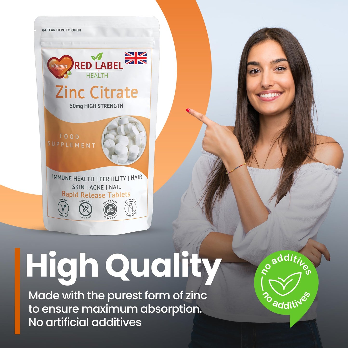 Red Label Health Zinc Citrate 50mg - 200 Vegan Tablets - Immune Function, Fertility, Healthy Bones, Vision, Hair, Nails and Skin | (6+ Months Supply) | Letterbox Friendly - Made in The UK