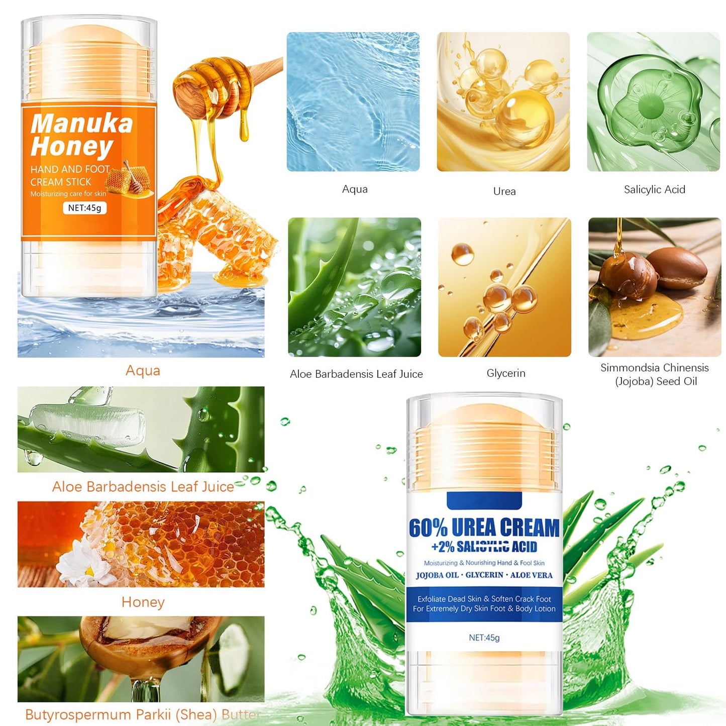 DMQ Urea Cream 60 Percent for Feet - Honey Foot Cream - Urea Foot Cream for Cracked Heels and Dry Skin - 2PCS Cracked Heel Repair Cream for Hands & Feet Skin Care - 60% Urea & Honey Foot Balm
