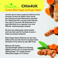 chia4uk LTD Turmeric Tablets 2000mg with Black Pepper & Ginger | 120 High Strength Curcumin Supplements | Turmeric and Black Pepper Tablets| Vegan and Gluten Free | UK Made Supplement