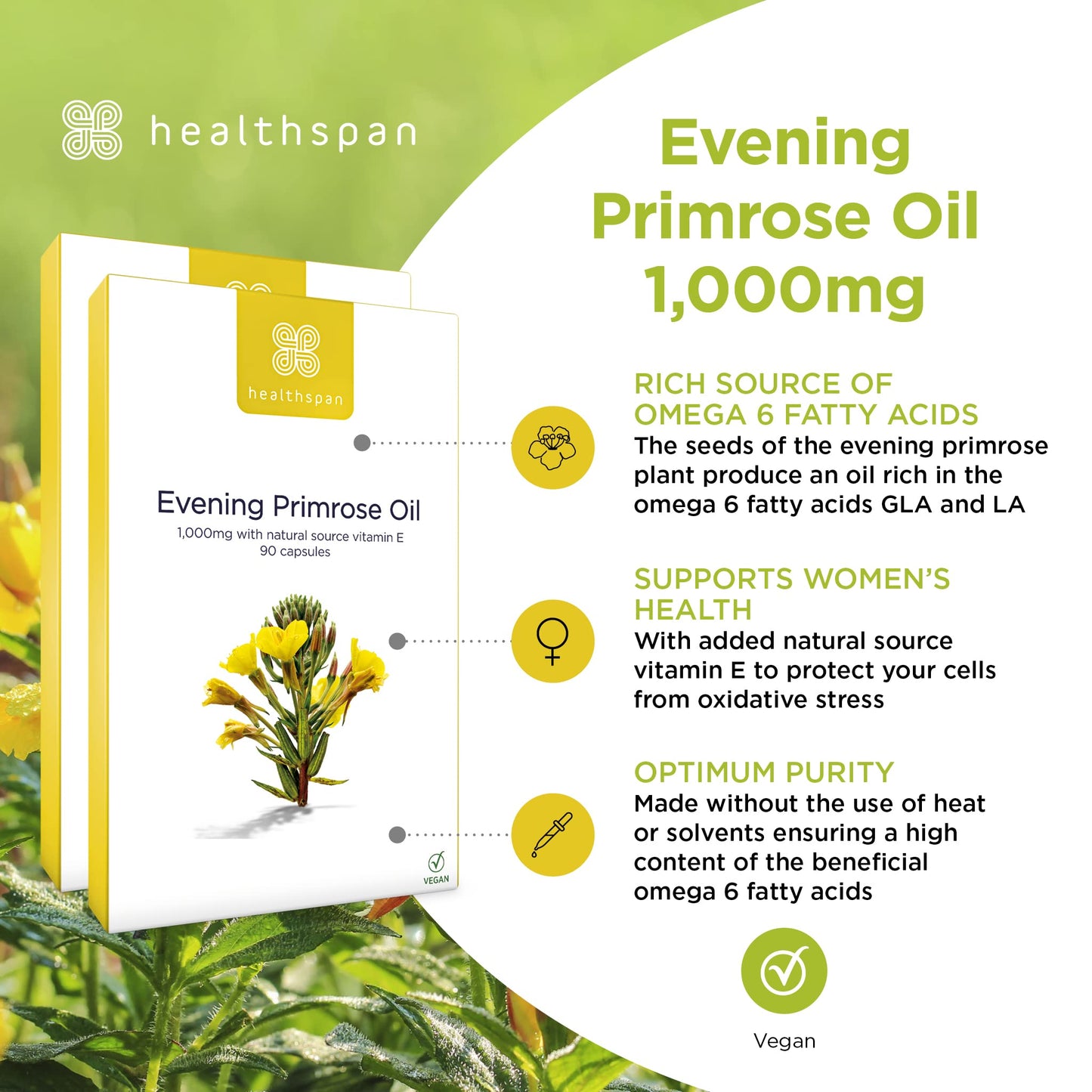 Healthspan Evening Primrose Oil 1,000mg (180 Capsules) | Maximum Strength | Supports Women's Health & Maintains Hormonal Balance | Rich Source of Omega 6 Fatty Acids | Vitamin E | Vegan