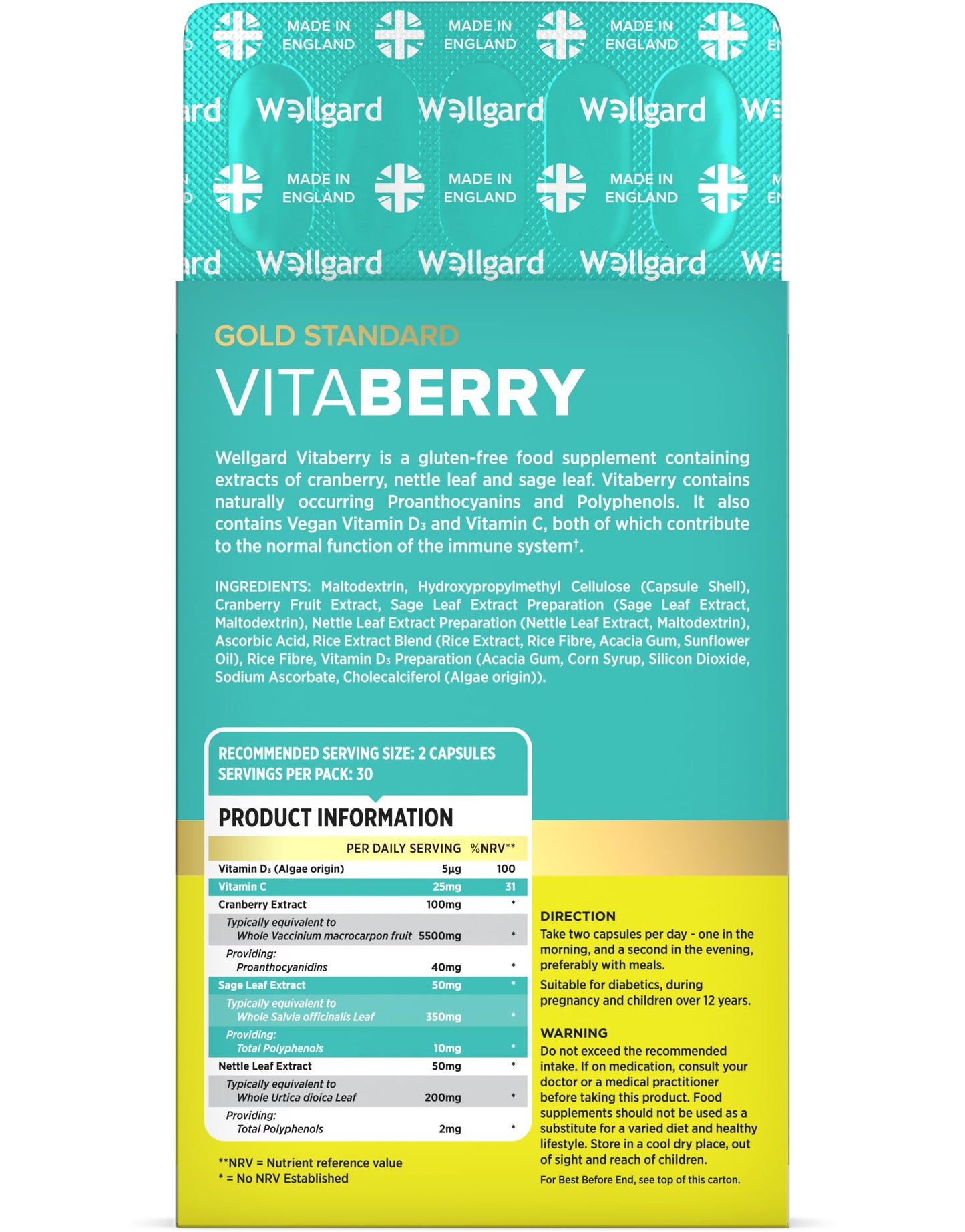 Wellgard Vitaberry for Women's Urinary Tract 60 Capsules - Proanthocyanidin-Rich Cranberry Capsules High Strength with Sage & Nettle Leaf, Vegan, Made in UK