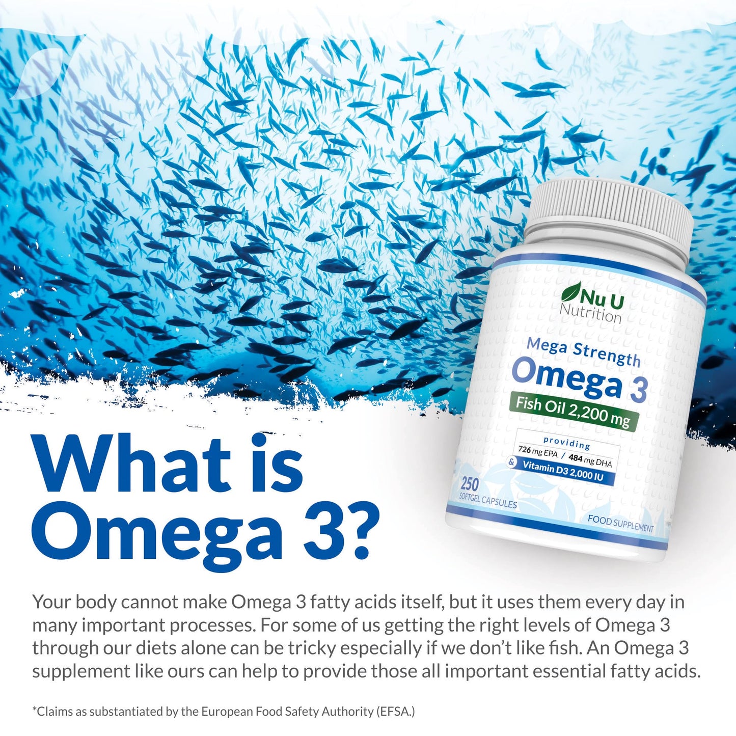Omega 3 Fish Oil 2200mg & Vitamin D3 2000IU - 250 Capsules Over 4 Month Supply - 720mg EPA & 480mg DHA per Serving High Strength 1100mg Fish Oil per Capsule