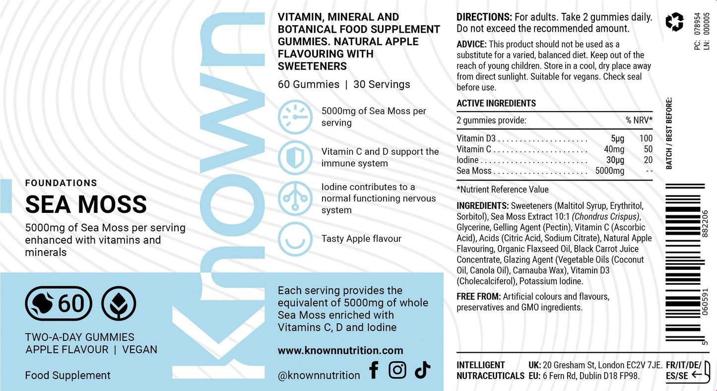 Known Tasty Sea Moss Gummies - 5000mg Sea Moss, Vitamin C, Iodine - Supports Immunity - Natural Apple Flavour - 60 Vegan Gummies, 2 Months Supply
