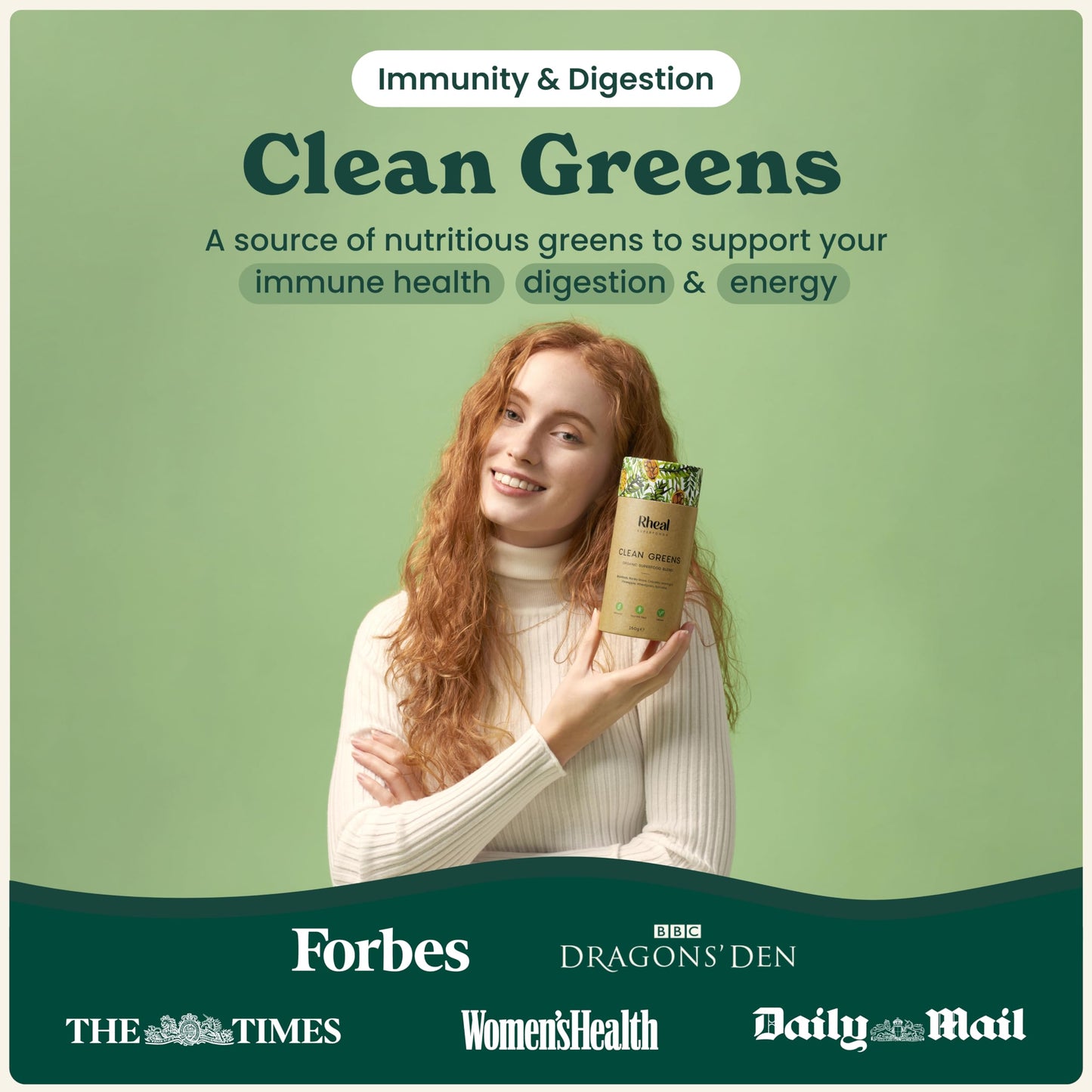 Rheal Clean Greens 150g | 30 Servings | Daily Source of Nutritious Greens | Supports Energy, Immunity & Digestion | 100% Organic & Gluten Free | Plant Based | Certified B Corp
