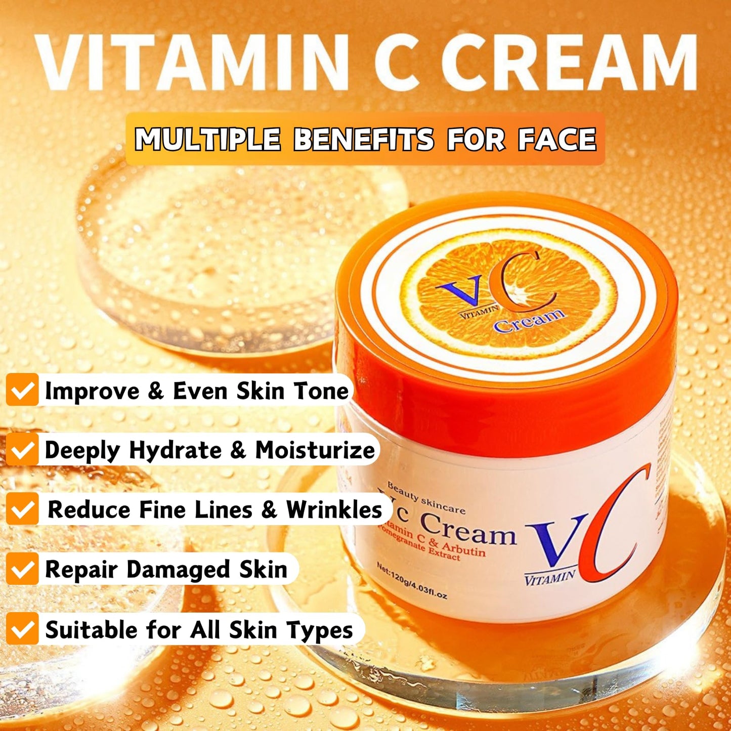 Vitamin C Face Cream, Vitamin C Cream with Arbutin & Pomegranate, Vitamin C Moisturiser for Face, Anti Aging Face Cream for Fine Lines & Wrinkle, Even Skin Tone, Face Moisturiser for Women & men, 120g
