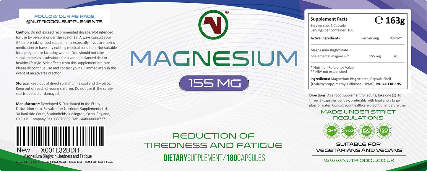 Nutriodol Magnesium Bisglycinate - Up to 465mg per Day | 180 x Easy to Swallow Capsules | 60 Days Minimum Supply | Reduce Tiredness and Fatigue
