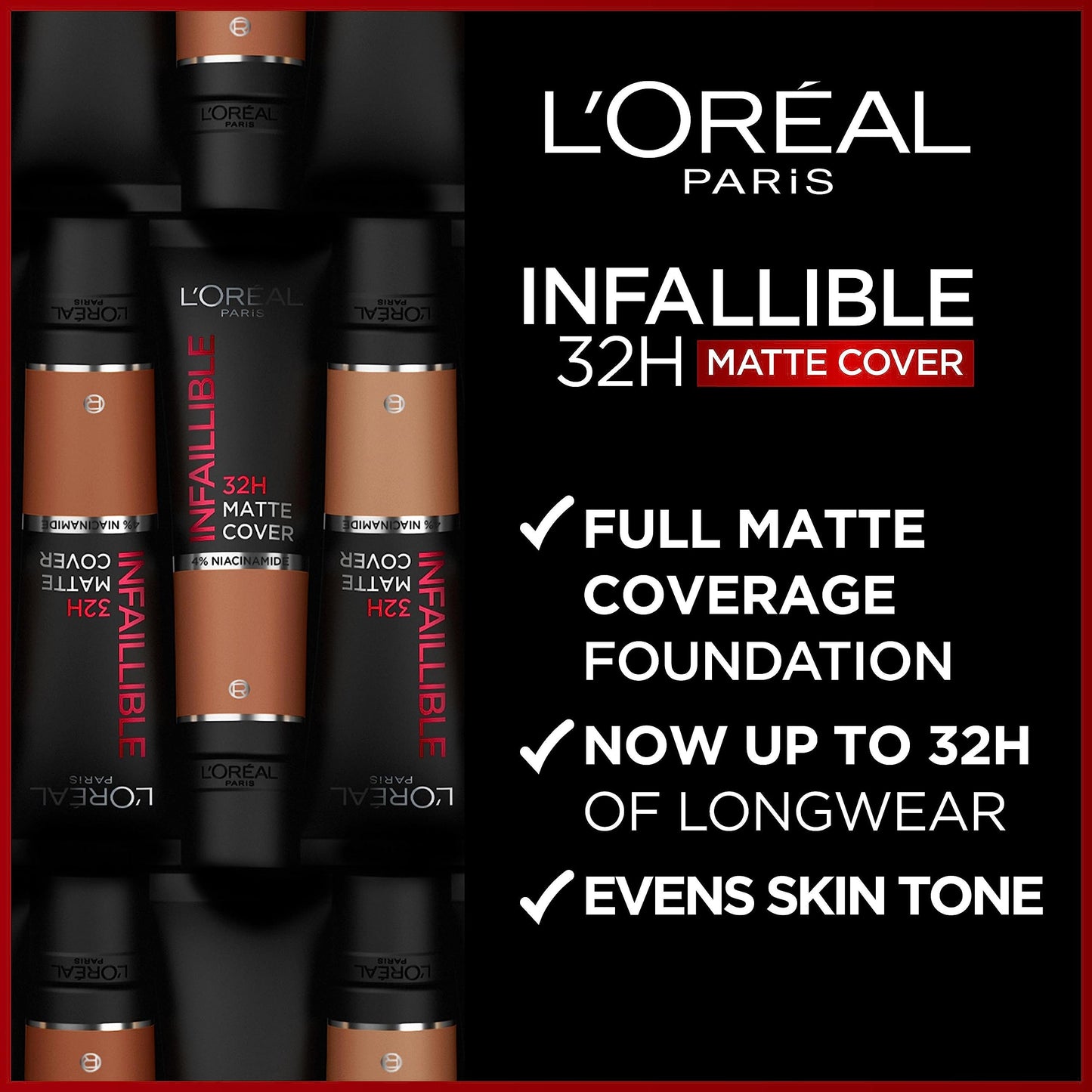 L'Oreal Paris Cover Liquid Foundation, With 4% Niacinamide, Long Lasting, Natural Finish, Available in 20 Shades, SPF 25, Infallible 32H Matte Cover, Shade 110, 30ml