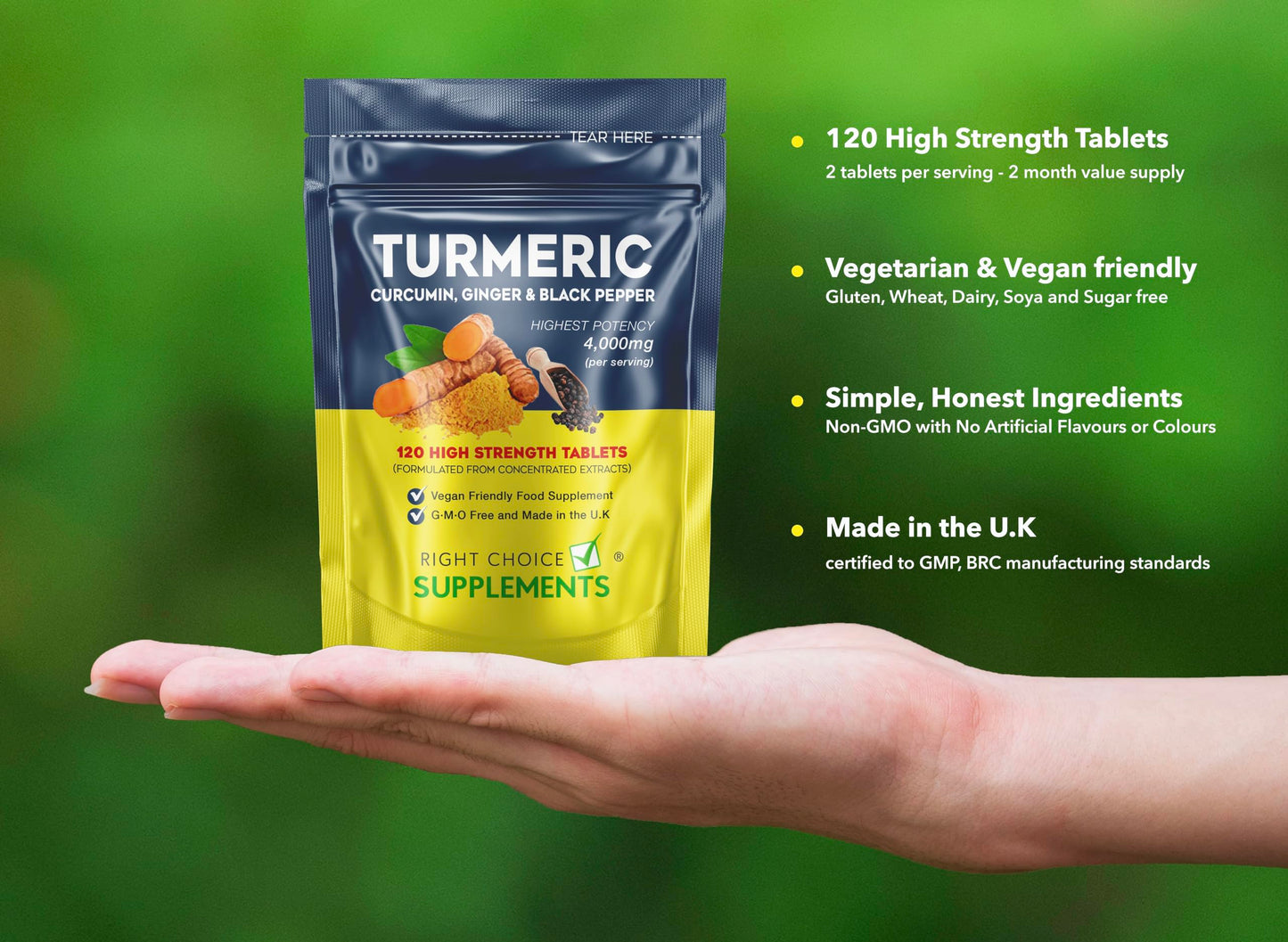 Turmeric, Ginger & Black Pepper 4000 mg Tablets (per Serving), High Strength Curcumin Supplements, Vegan and Gluten Free, UK Made, 120 Count