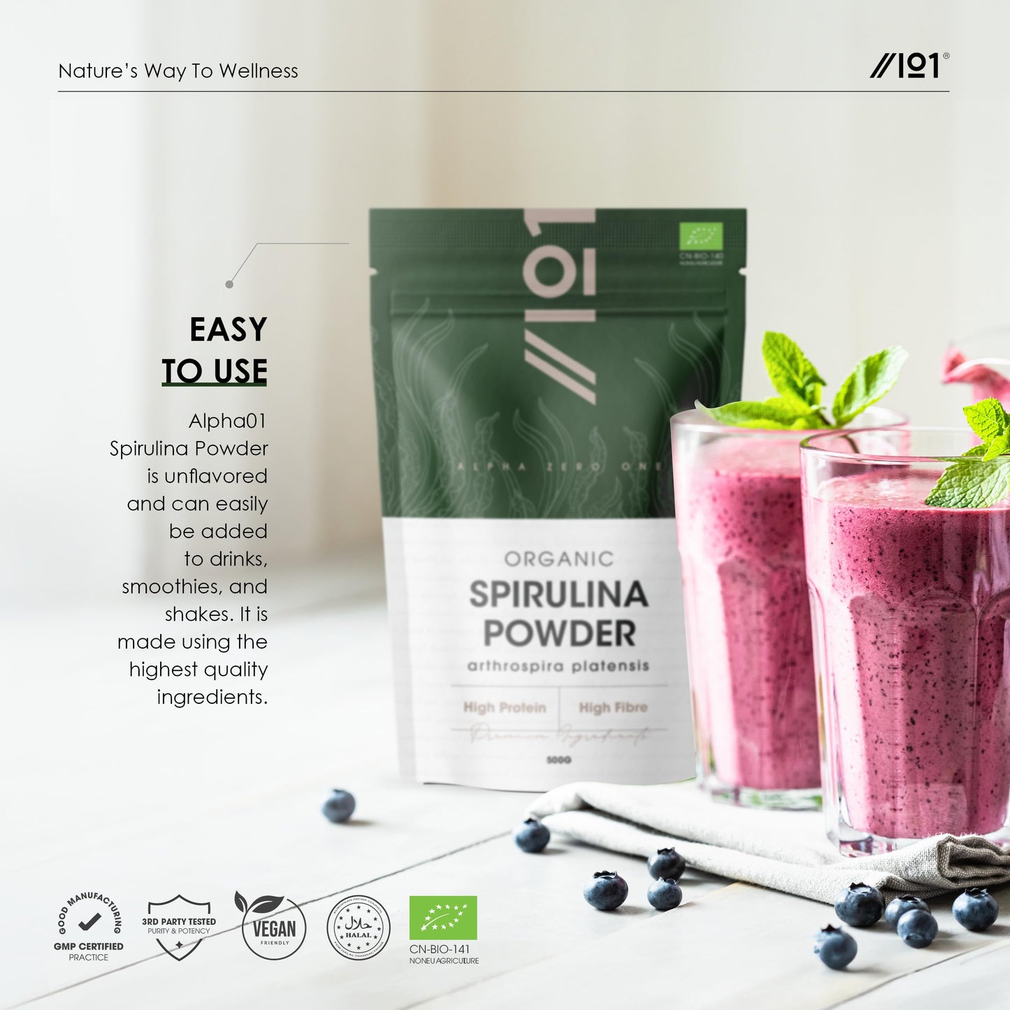 ALPHA01 Organic Spirulina Powder 100g – 100% Cold Pressed – Resealable and Recyclable Pouch – by Alpha01