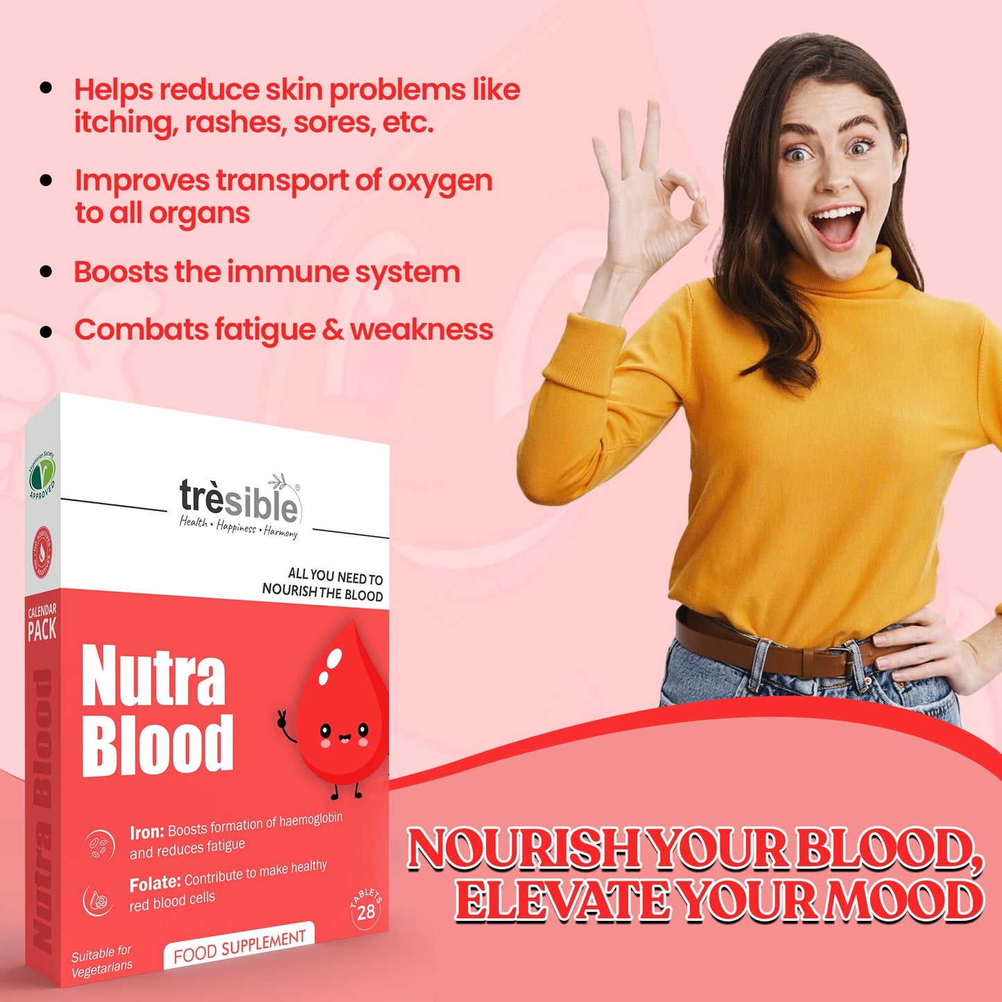 Tresible Trèsible Nutra Blood Iron Tablets High Strength (4-Week Supply) Vitamins C, B12 - B6 & Folic Acid Iron Supplement for Women & Men to Reduce Tiredness and Support Immunity, Iron Tablets Women & Men