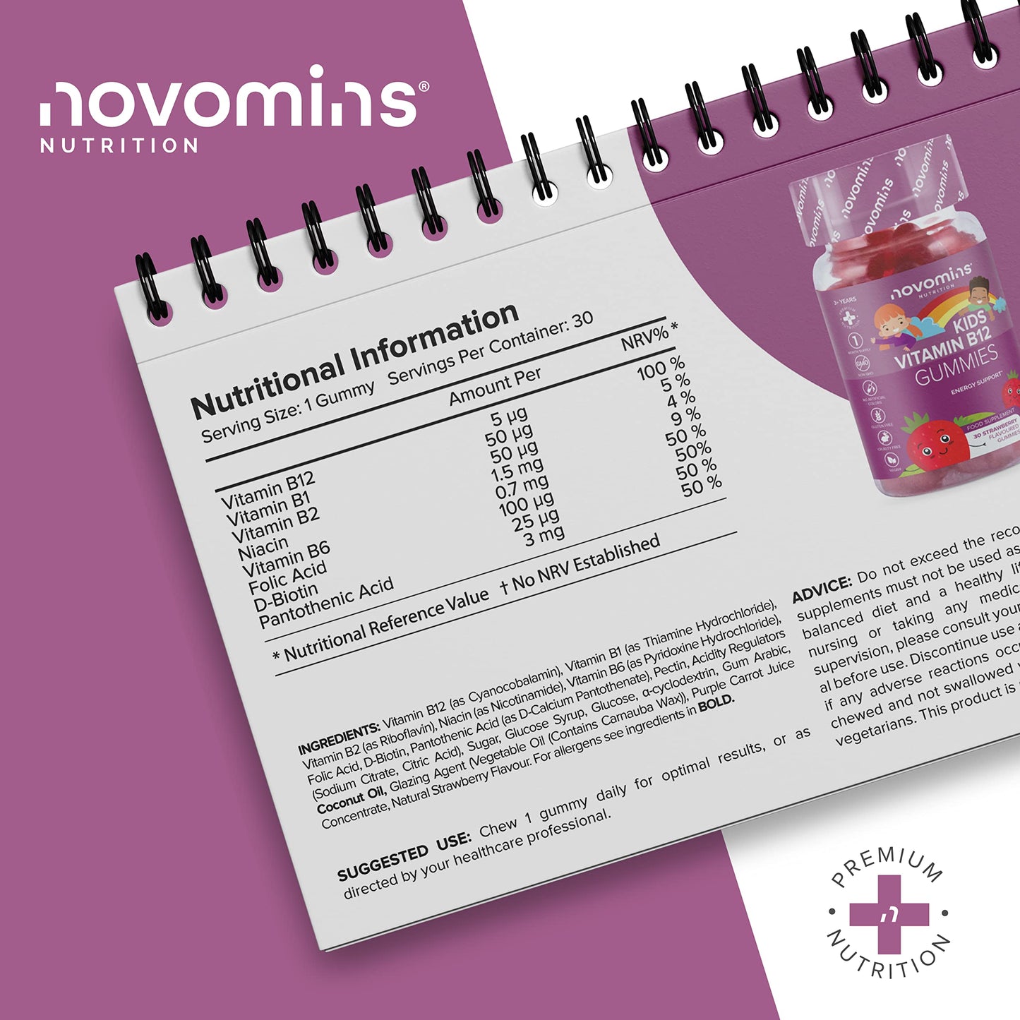 Kids Vitamin B12 Gummies - Energy & Metabolism Support Supplement - 30 Chewable Childrens B Complex Supplements – Vegan, Non-GMO - Enriched with Vitamin C, B1, B2, B6, Biotin - Made by Novomins
