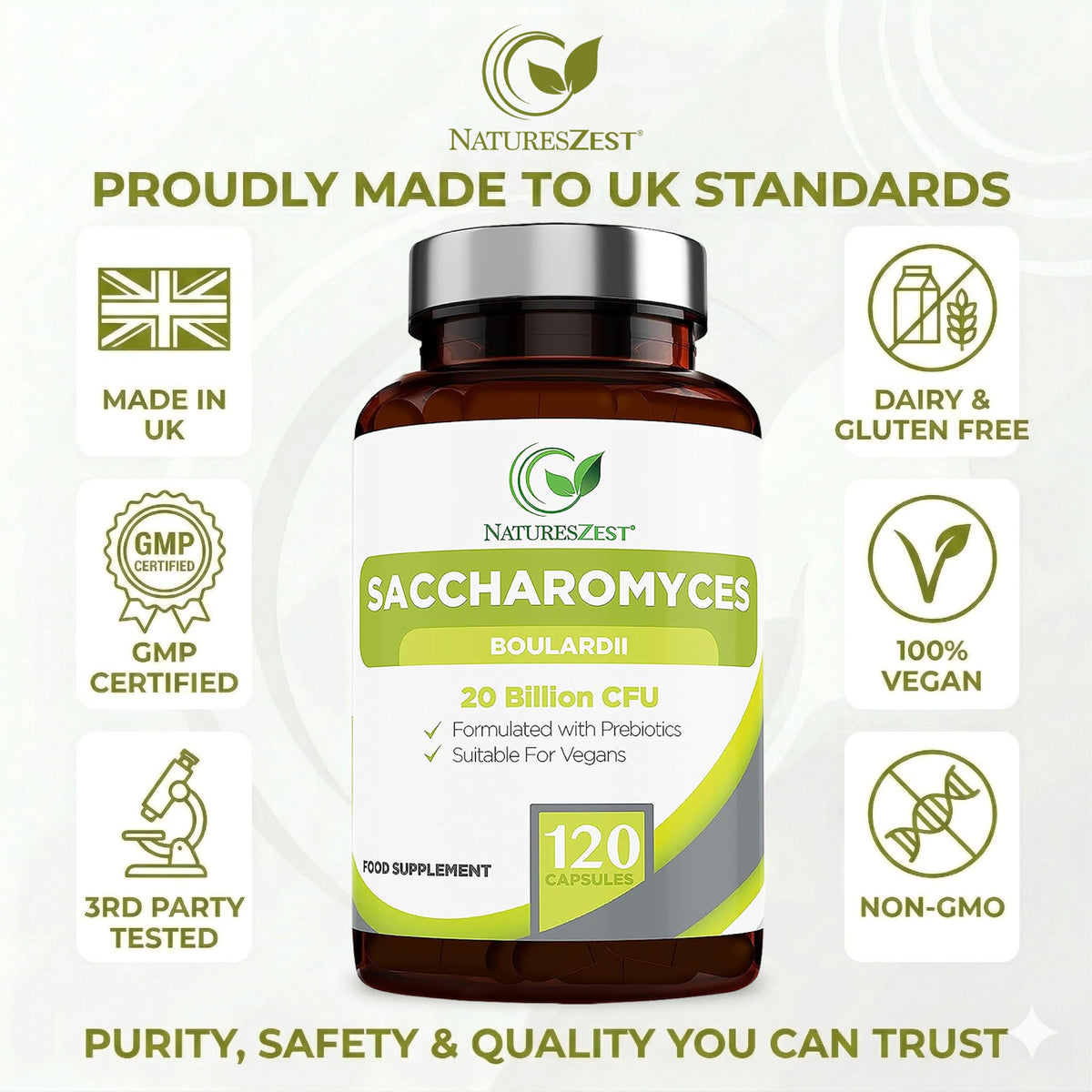 Natures Zest Saccharomyces Boulardii 20 Billion CFU - 120 Capsules | High Strength Prebiotics and Probiotics for Women & Men | Digestion Supplement with Natural Postbiotic Benefits | Vegan | 4 Months Supply