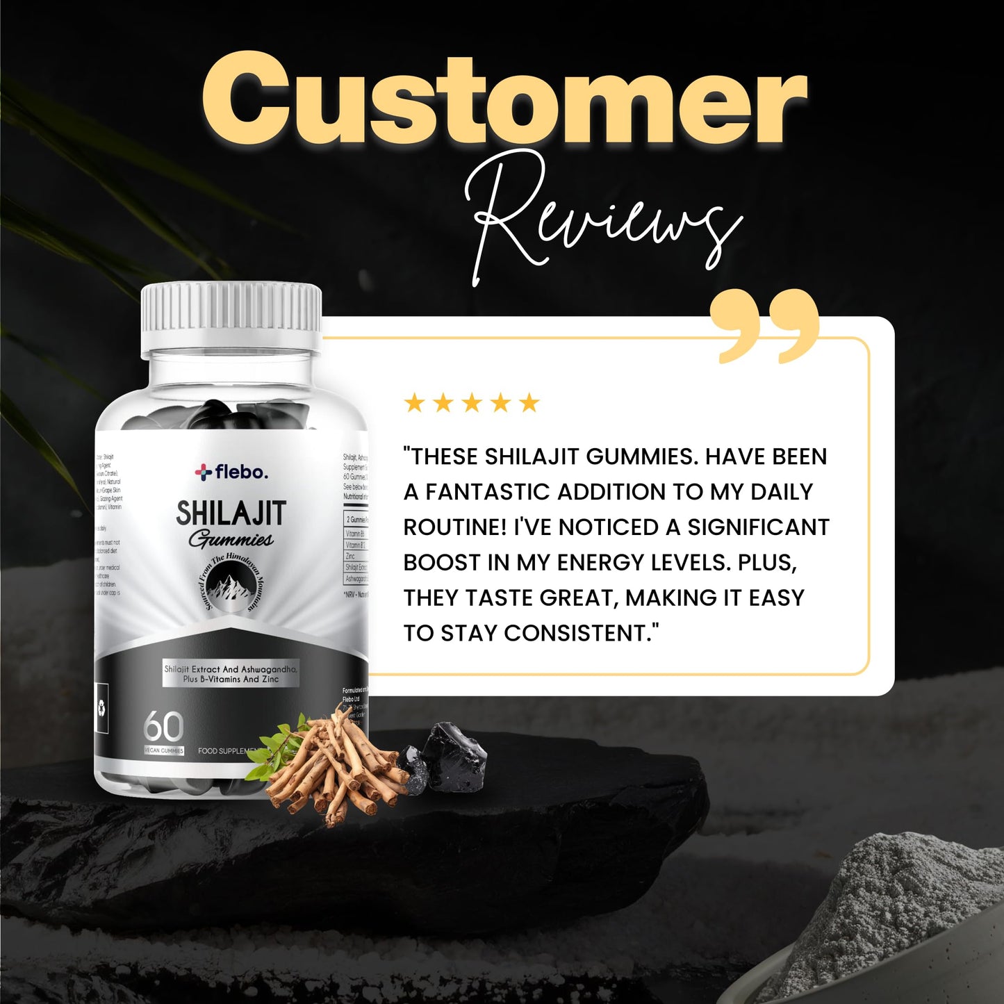 Flebo Pure Himalayan Shilajit Gummies - Formulated with Ashwagandha and Zinc- 50% Fulvic Acid- 60 Two A Day Blackcurrant Flavour- Energy, Stress Relief and Immune Support. Vegan and Halal