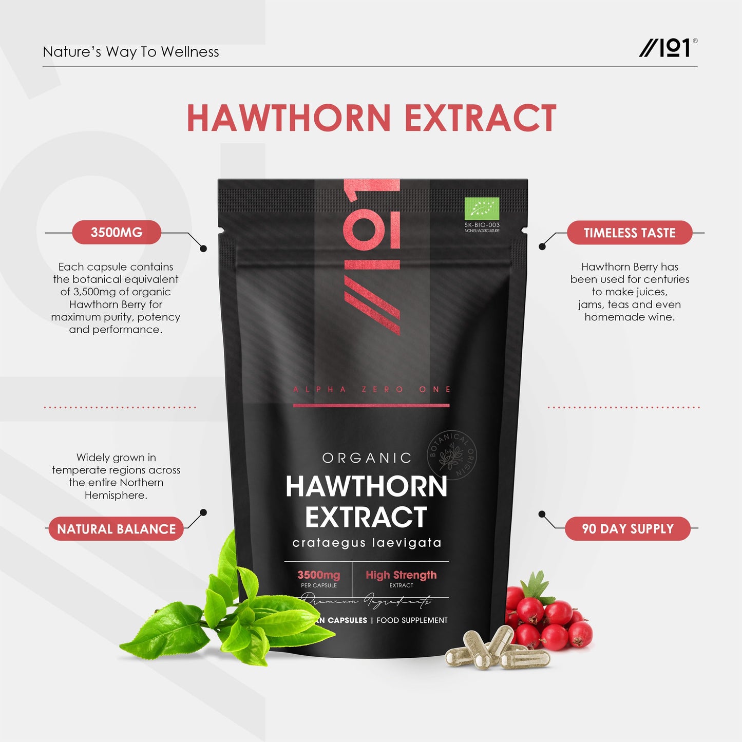 ALPHA01 Organic Hawthorn Extract 7500mg – 90 Vegan Capsules – High Strength Hawthorn Berry Supplement 15:1 Extract – Resealable and Recyclable Pouch by Alpha01
