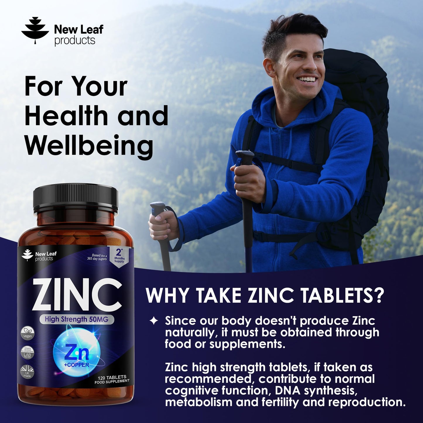 Zinc 50mg High Strength - Zinc Tablets with Copper, Pure Zinc Supplements Contributes Towards The Immune System, Bone Health and Fertility, Vegan, Non-GMO, Made in UK by New Leaf 120 Tablets