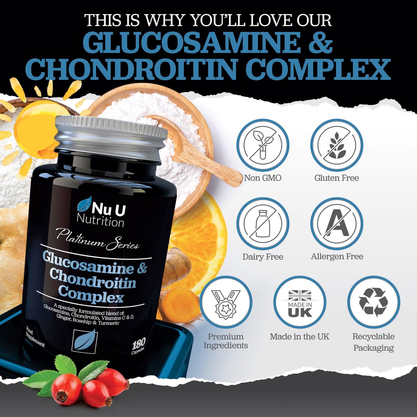 Glucosamine and Chondroitin High Strength Complex - 180 Capsules - with Turmeric, Ginger, Rosehip, Vitamin C & D - Joint Care Supplements for Women & Men - Made in The UK - Nu U Nutrition