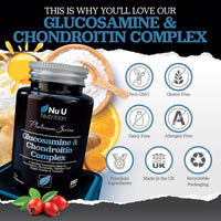 Glucosamine and Chondroitin High Strength Complex - 180 Capsules - with Turmeric, Ginger, Rosehip, Vitamin C & D - Joint Care Supplements for Women & Men - Made in The UK - Nu U Nutrition