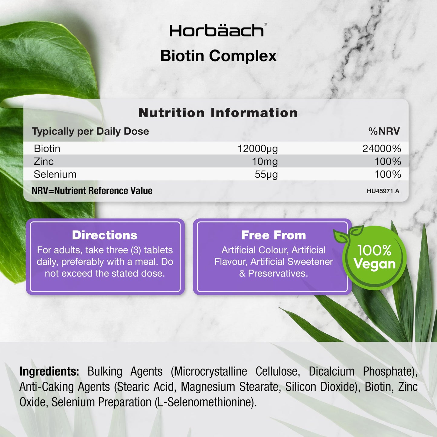 Horbäach Biotin Tablets 12000ug | 180 Count | High Strength Complex with Zinc and Selenium | Vegan Supplement | by Horbaach