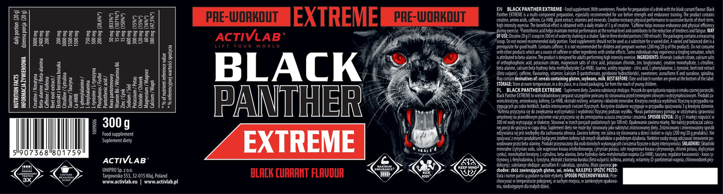 Activlab Black Panther Extreme 300g, Pre Workout Powder Energy, Physical Performance with Citrulline, Creatine, Beta Alanine, Caffeine, VIT B, HMB, 300g, 15 Servings (Black Currant)