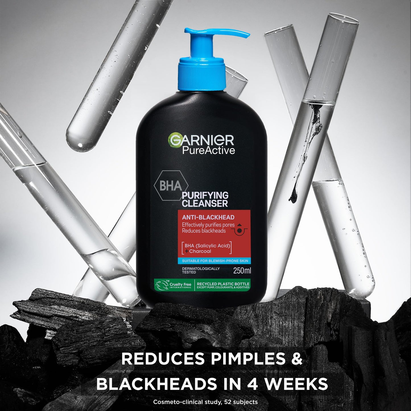 Garnier Pure Active BHA (Salicylic Acid) + Charcoal Daily Face Cleanser – Up to 24h Mattifying & Cleansing Gel For Blemish Prone Skin, Anti-blackhead – Vegan*, Leaping Bunny Approved