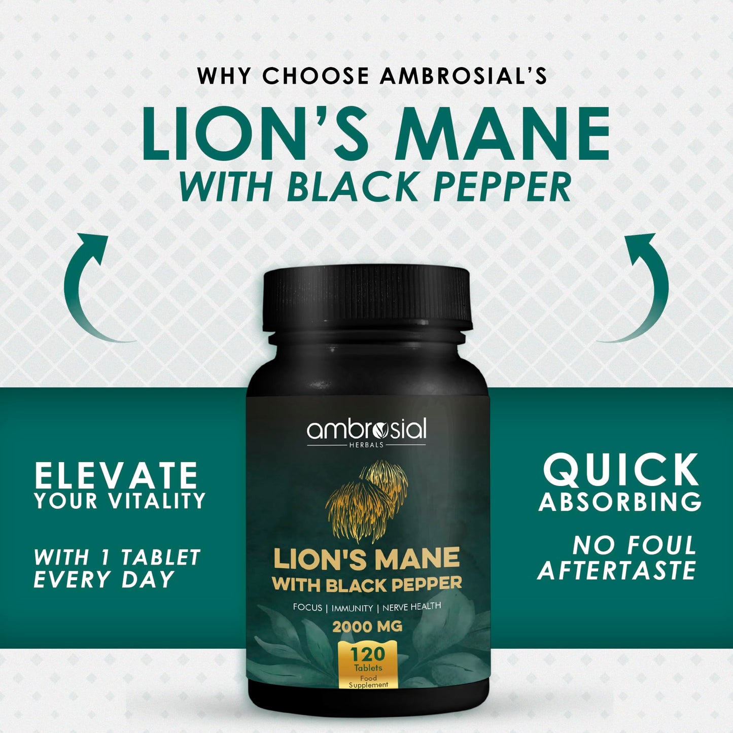 AMBROSIAL Ambrosial Lion's Mane with Black Pepper - 2000 mg - Enhances Focus, Boosts Immunity, and Supports Nerve Health - Highly Absorbent 100% Organic Lion's Mane Extract - 120 Tablets