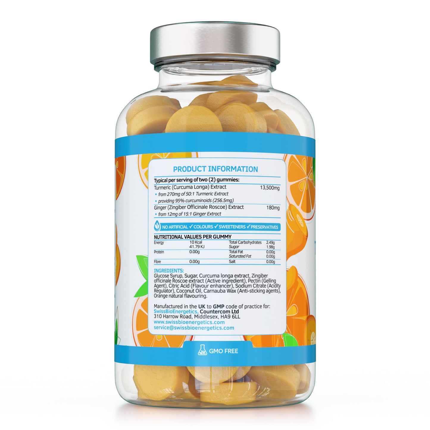 swiss bioenergetics Turmeric Curcumin Gummies with Ginger - 60 Natural Orange Flavour Juicy Yummy Gummies – with a Huge 95% curcuminoids, Vegan & Gelatin Free – 30 Day Supply for Men, Women & Children – Made in The UK