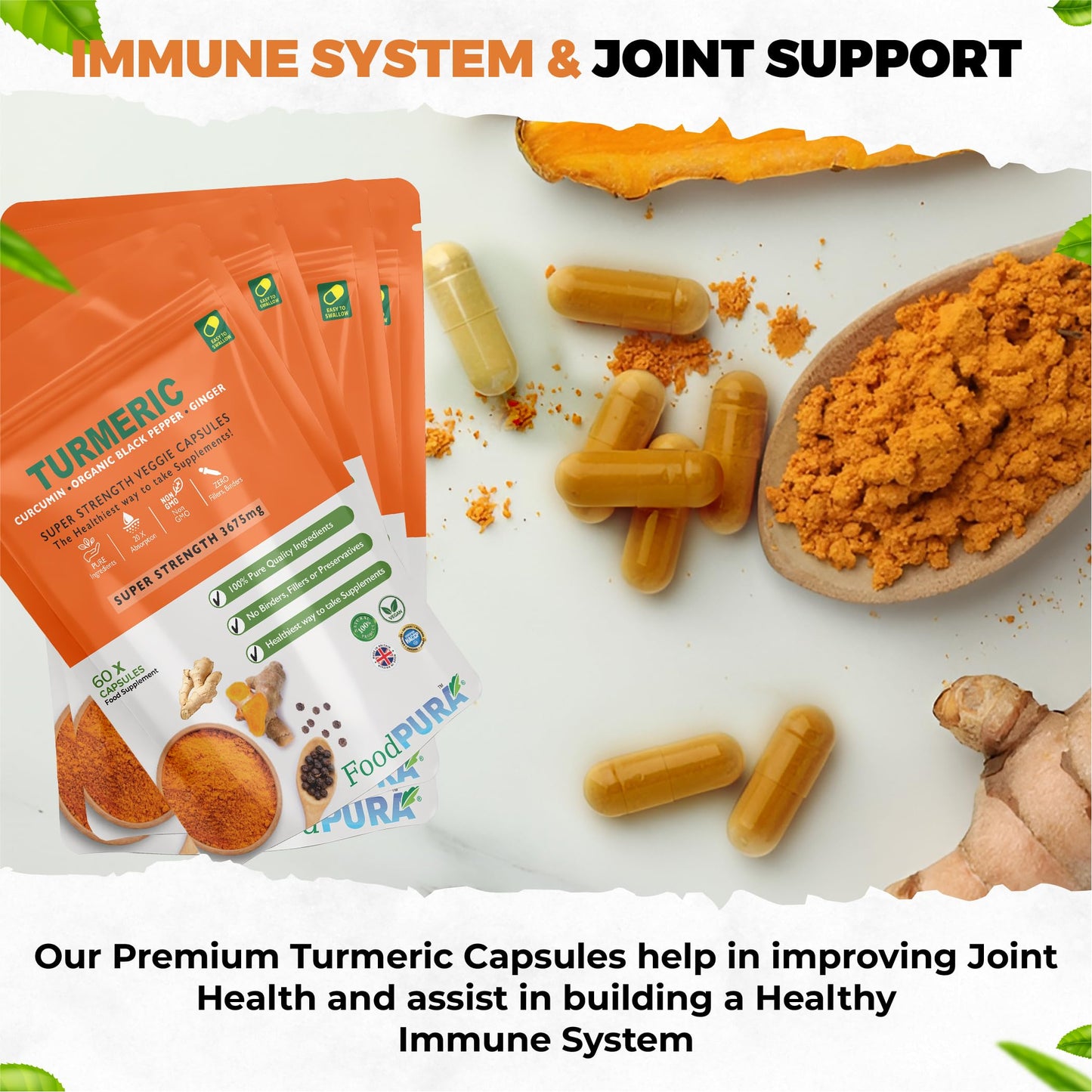 FoodPURA Turmeric Curcumin Capsules with Black Pepper & Ginger High Strength 3675mg HACCP Certified, Manufactured in The UK by FoodPURA (60)