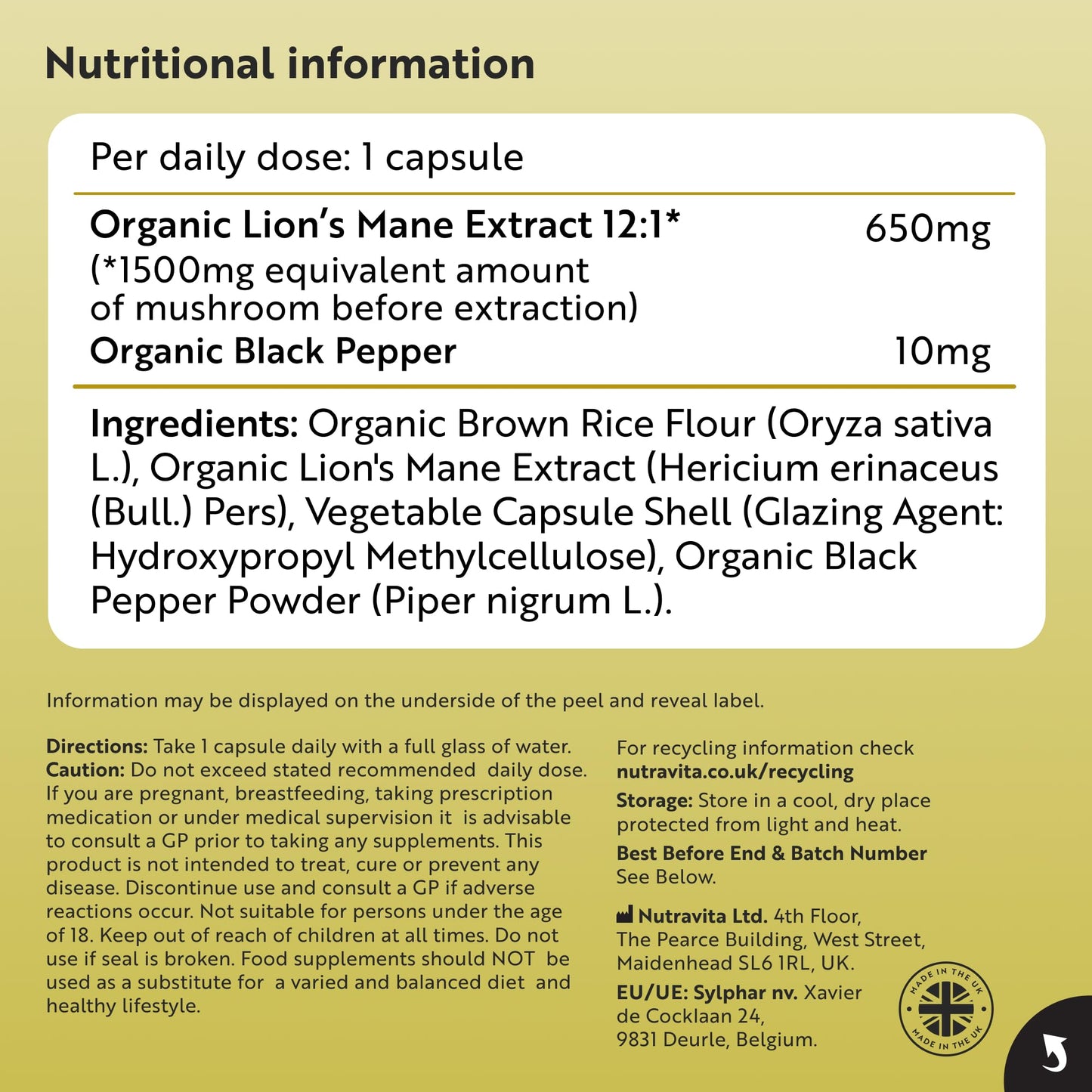 Nutravita Organic Lions Mane Mushroom 1500mg - 120 High Strength Vegan Capsules (Not Powder) - Lions Mane Supplement with Organic Black Pepper - Made in The UK