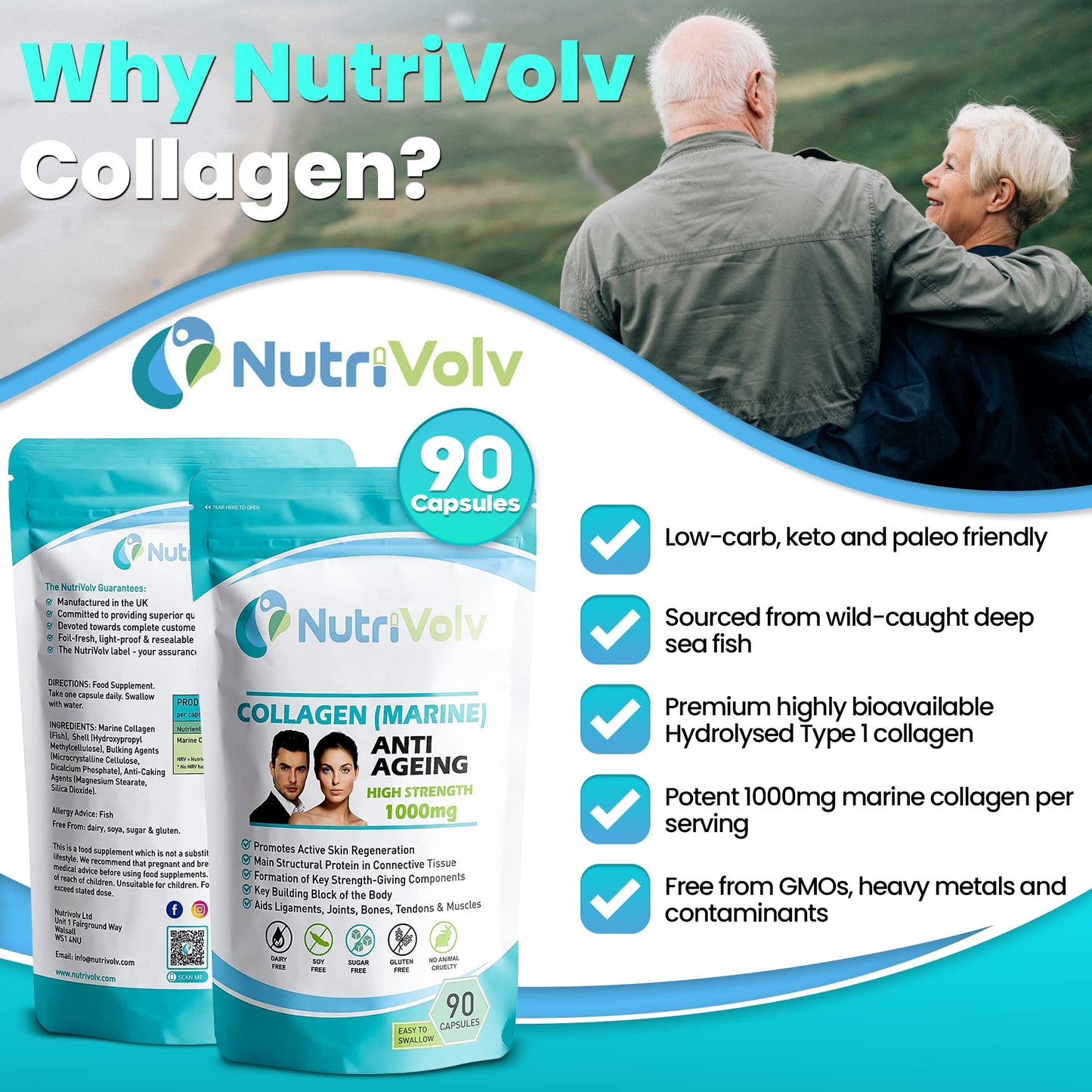 Nutrivolv Collagen Marine (1000mg) Supplement for Skin , Anti Ageing, Tissue, Joints, Bones & Muscles | 90 Multivitamin Capsules