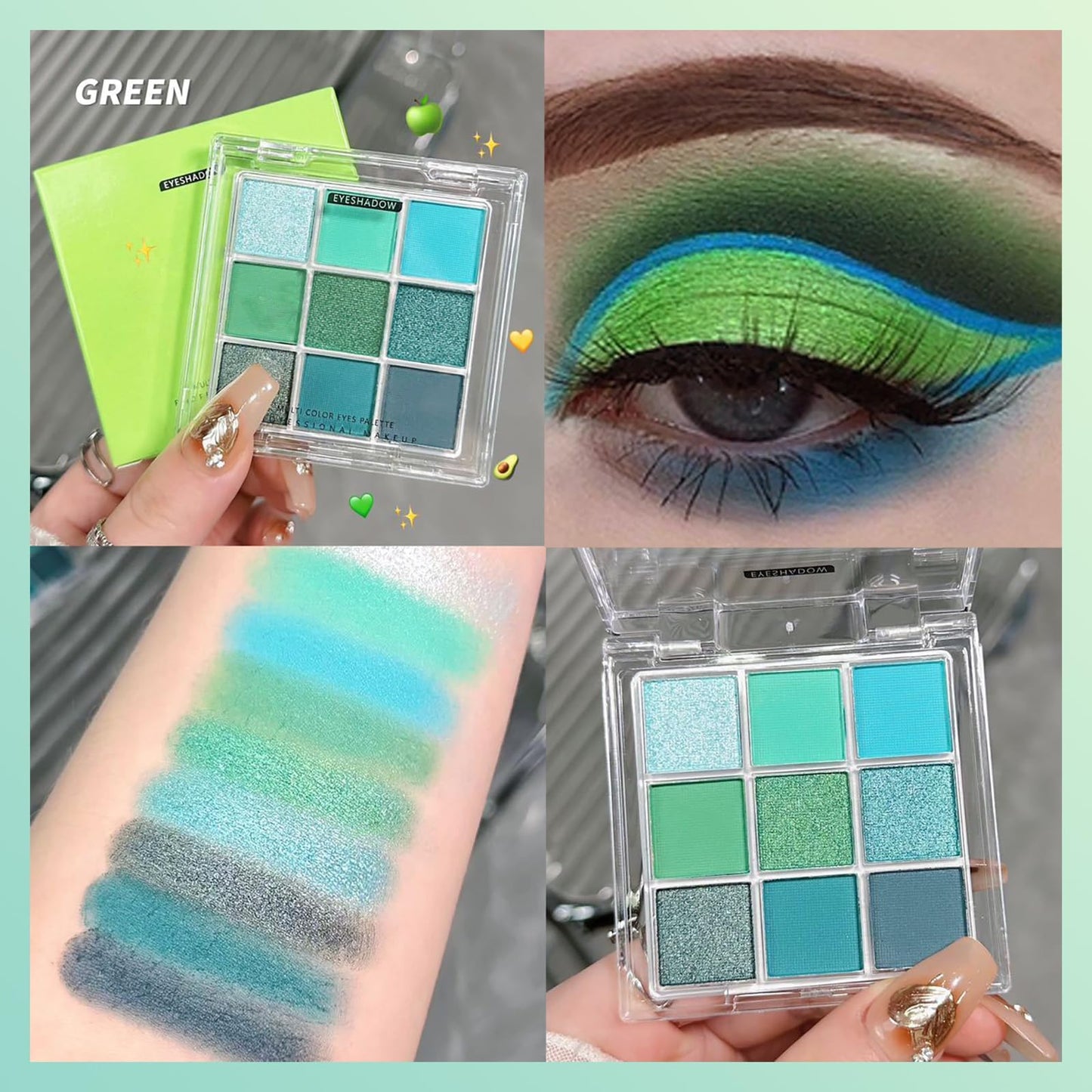 KKwoter Green Eyeshadow Glitter Green Eyeshadow Glitter Forest Emerald Green Christmas Makeup Palette - 9 Shades of Waterproof, Long-Lasting, Pressed Pigmented Eyeshadows