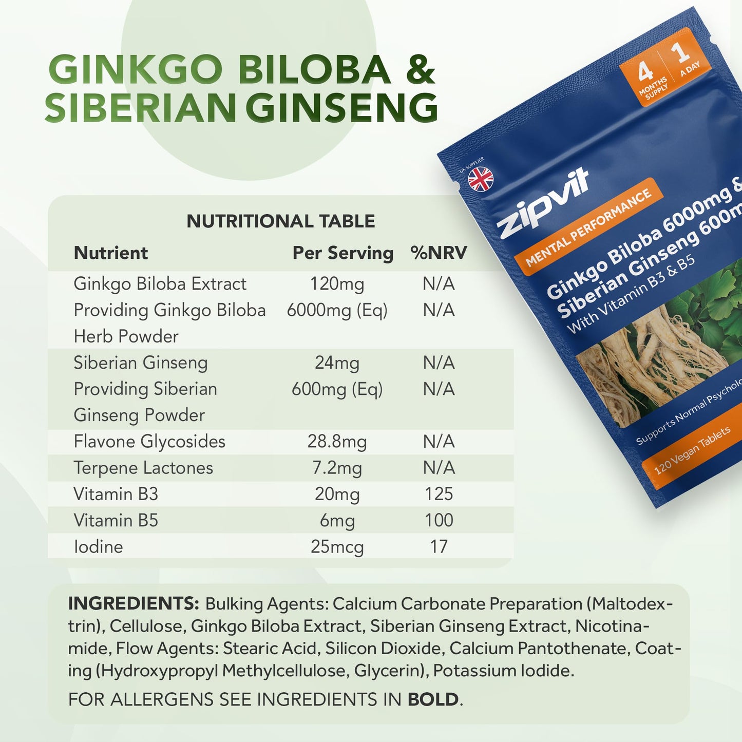 Zipvit Ginkgo Biloba 6000mg & Siberian Ginseng 600mg with Vitamins B3 & B5 Pouch, 120 Vegan Tablets, Supports Energy & Mental Performance, 4 Month Supply