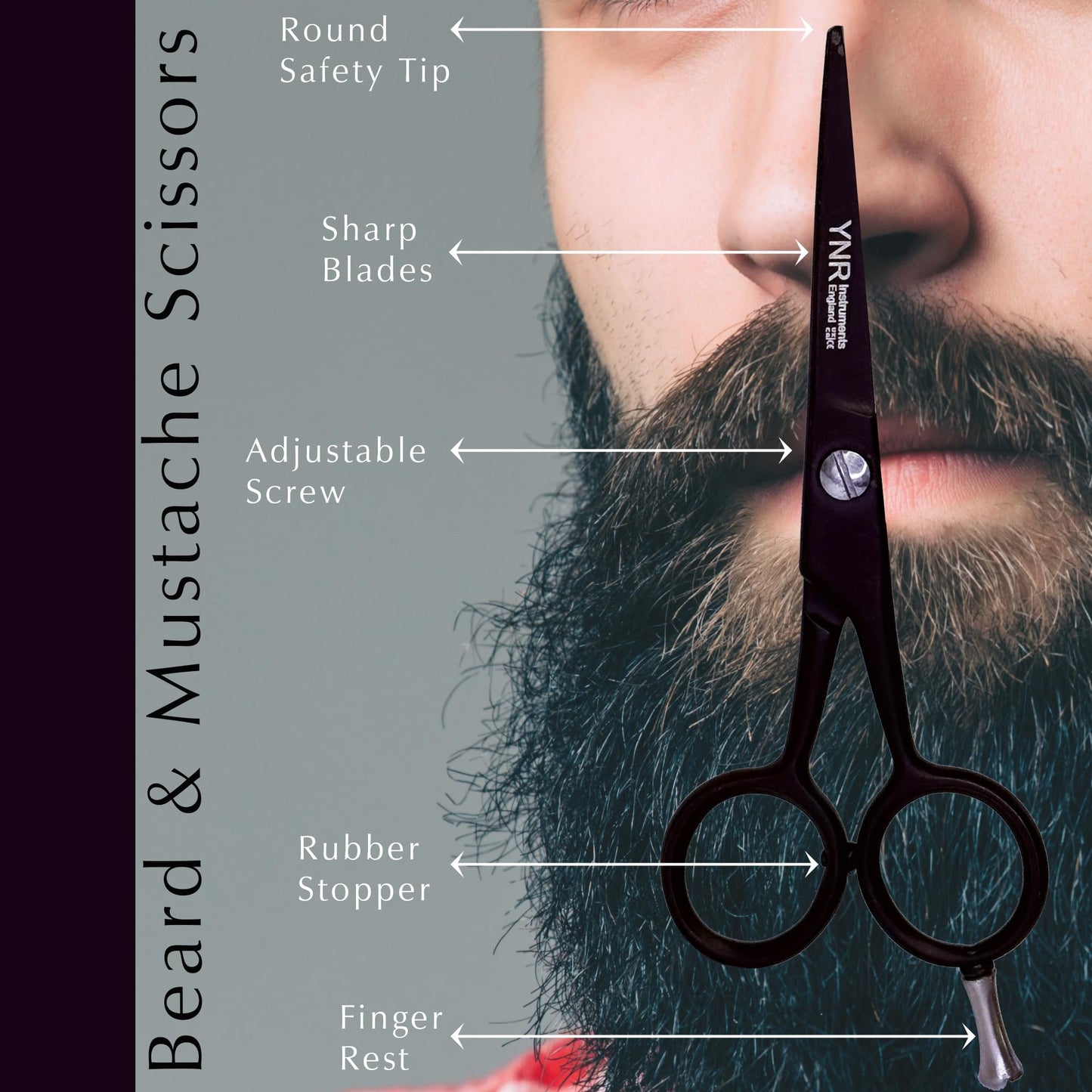 YNR Instruments England | Beard Moustache Scissors | Professional German Steel Mustache Trimming | Hand Forged Precision Edge Men Facial Hair Grooming Kit All Body Hair (Black)