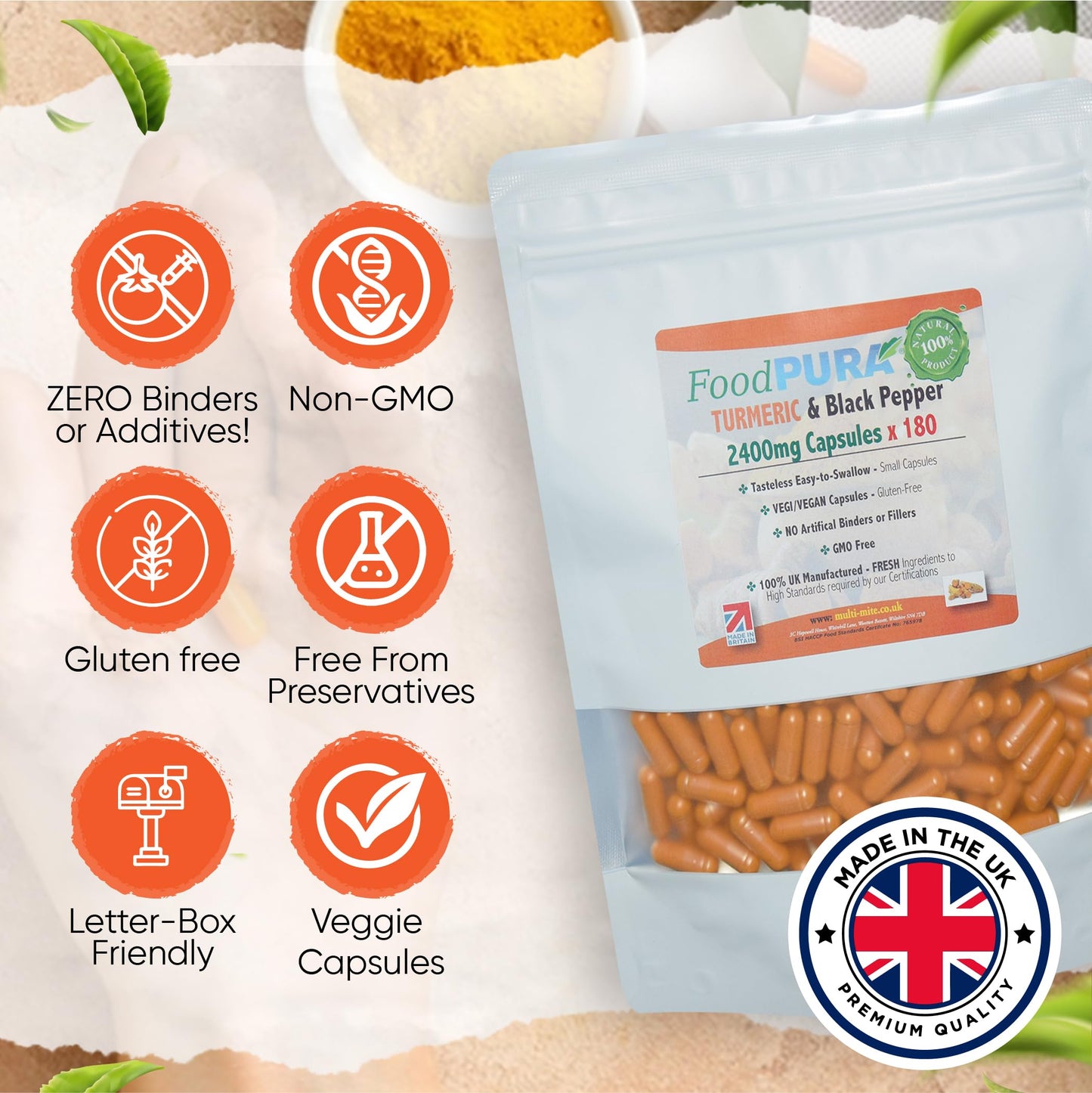 FoodPURA Turmeric with Black Pepper Capsules High Strength 2400mg HACCP Certified, Manufactured in The UK by FoodPURA 1 Pack of 180 Capsules