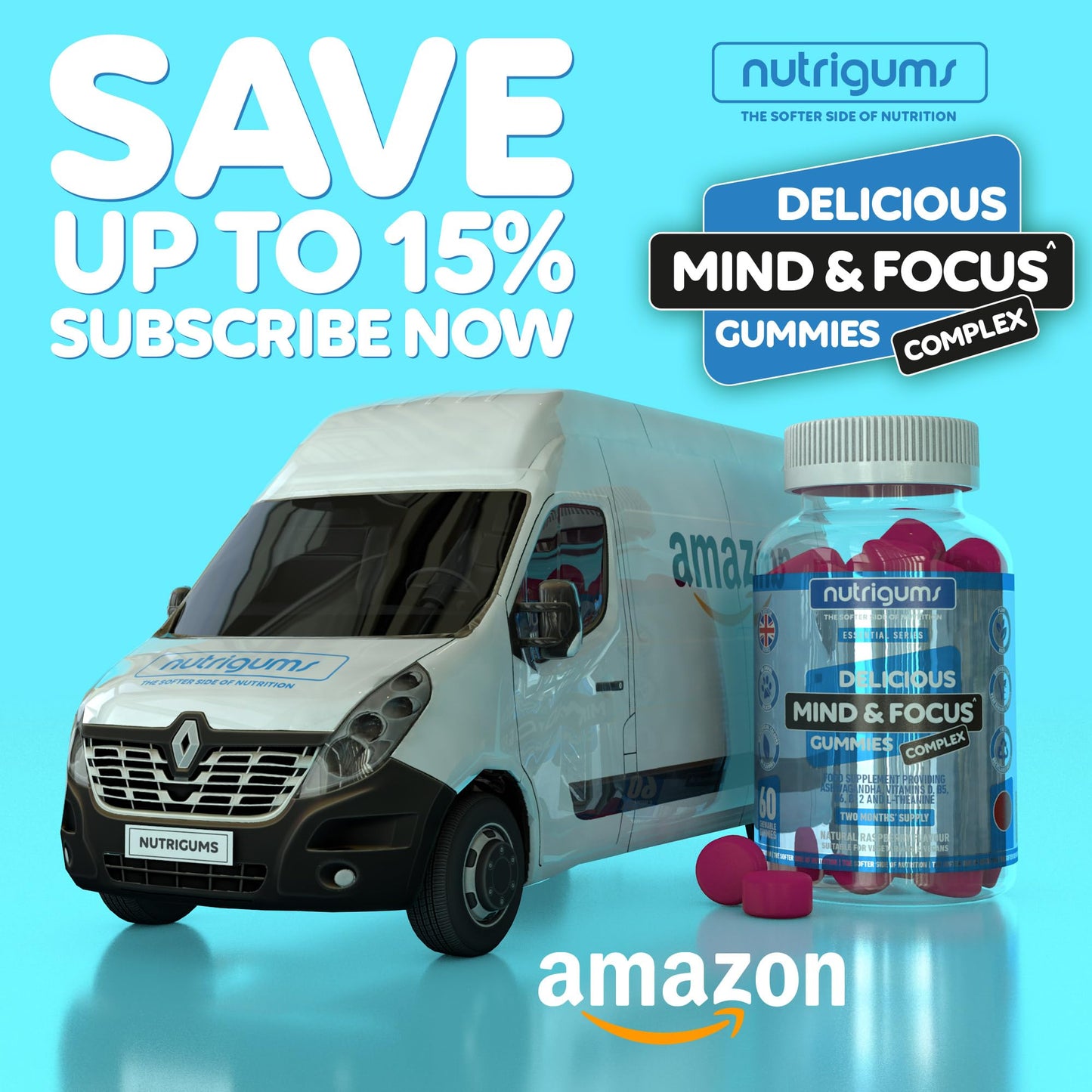 Mind & Focus Raspberry Flavour 60 Vegan Gummies | Ashwagandha, L-Theanine, D3, B5, B6 & B12 | Cognitive Health, Nervous System and Mental Performance | Suitable for Adults & Kids 12+ by NUTRIGUMS®