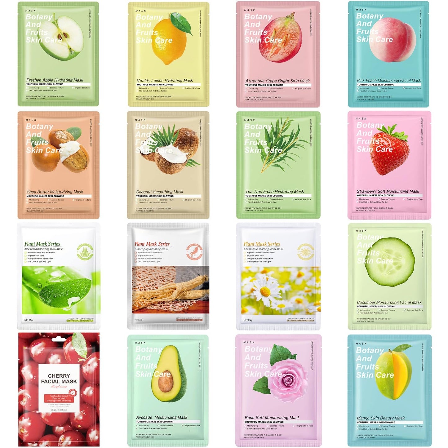DOOCECIY 16 PCS Face Masks Skincare Set, Hydrating and Soothing Sheet Face Mask for Women Girls for All Skin Types