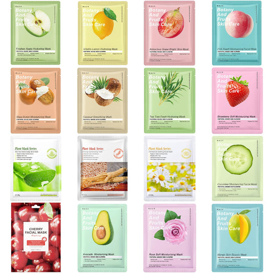 DOOCECIY 16 PCS Face Masks Skincare Set, Hydrating and Soothing Sheet Face Mask for Women Girls for All Skin Types