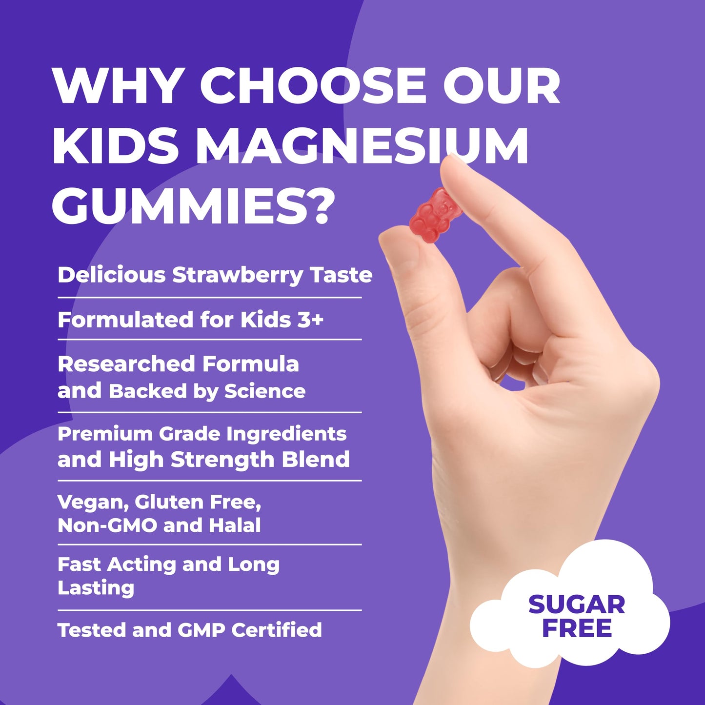 30 Chewable Sugar-Free Kids Magnesium Gummies - Strawberry Flavour - 1029mg Magnesium Citrate, Zinc & Vitamin D3 - Providing 113mg Elemental Magnesium for Kids 3+ - Calm Mind & Strong Bones - Vegan