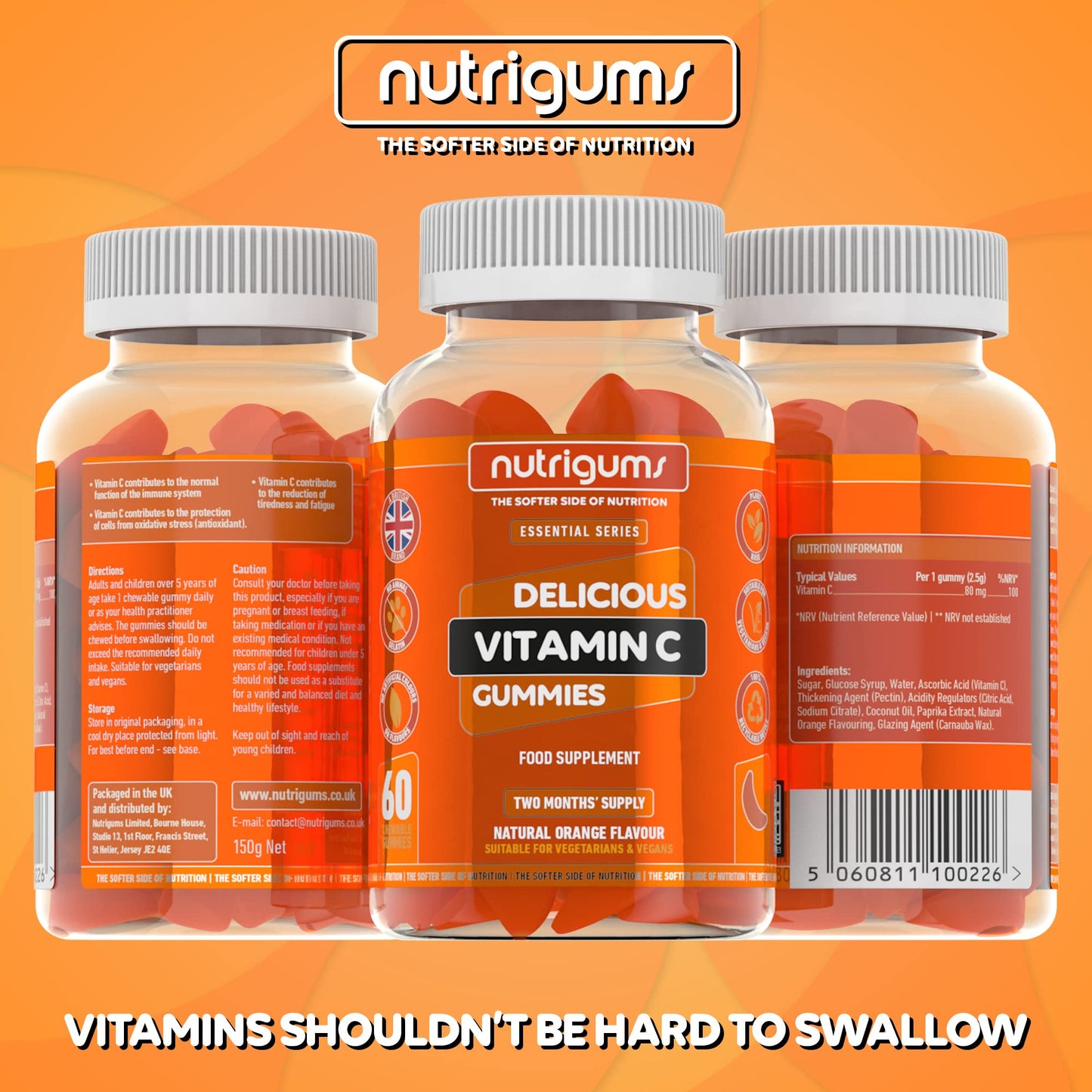 Vitamin C | 60 Orange Flavour Gummies | Two Month Supply | Immune, Energy & Collagen Formation Support | Vegan Suitable by NUTRIGUMS®