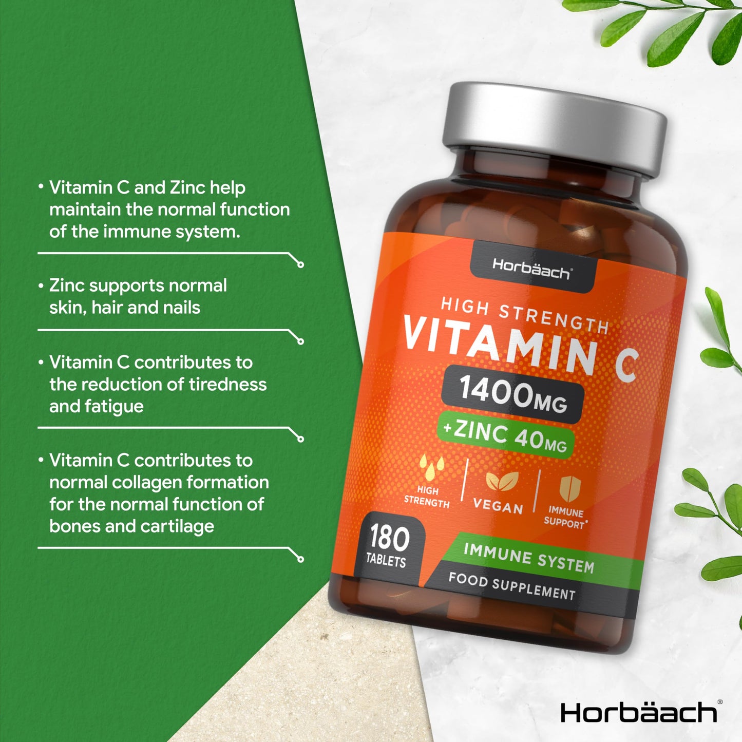 Vitamin C and Zinc | 180 Vegan Tablets | High Strength Vitamin C 1400mg and Zinc 40mg | Immune System Support | by Horbaach
